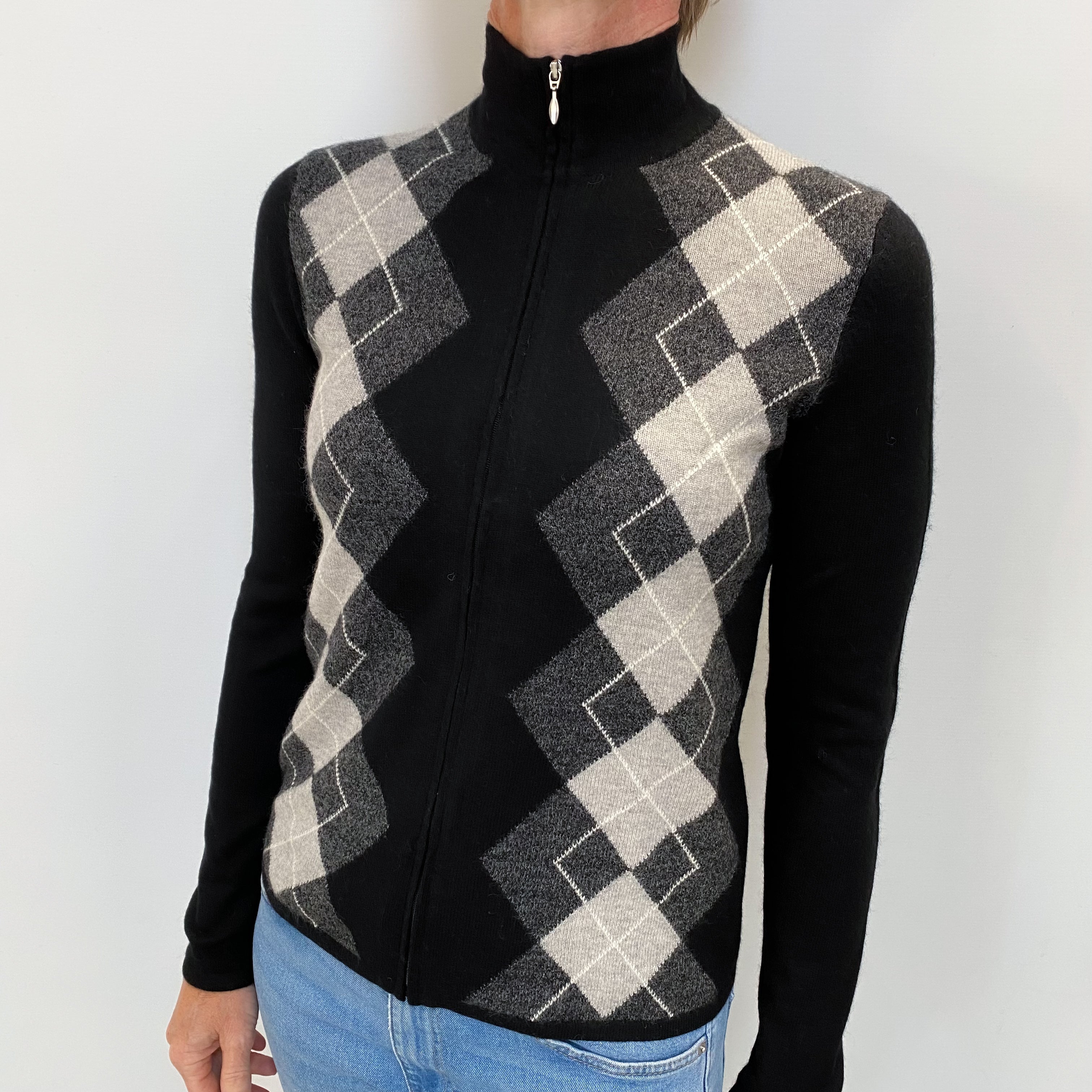 Black Grey Diamond Cashmere Zip Up Cardigan Small