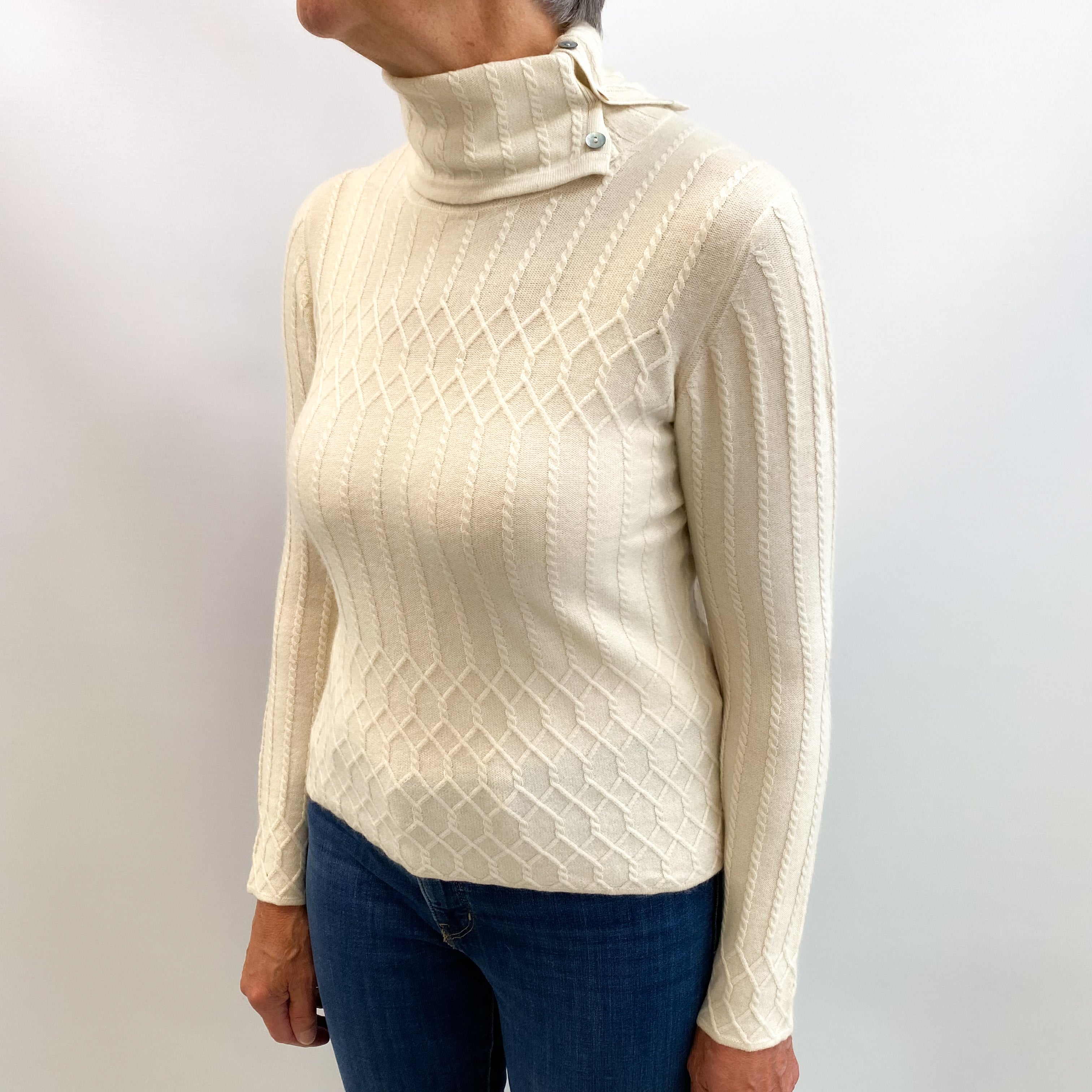 Vanilla Cream Cashmere Buttoned Polo Neck Jumper Medium