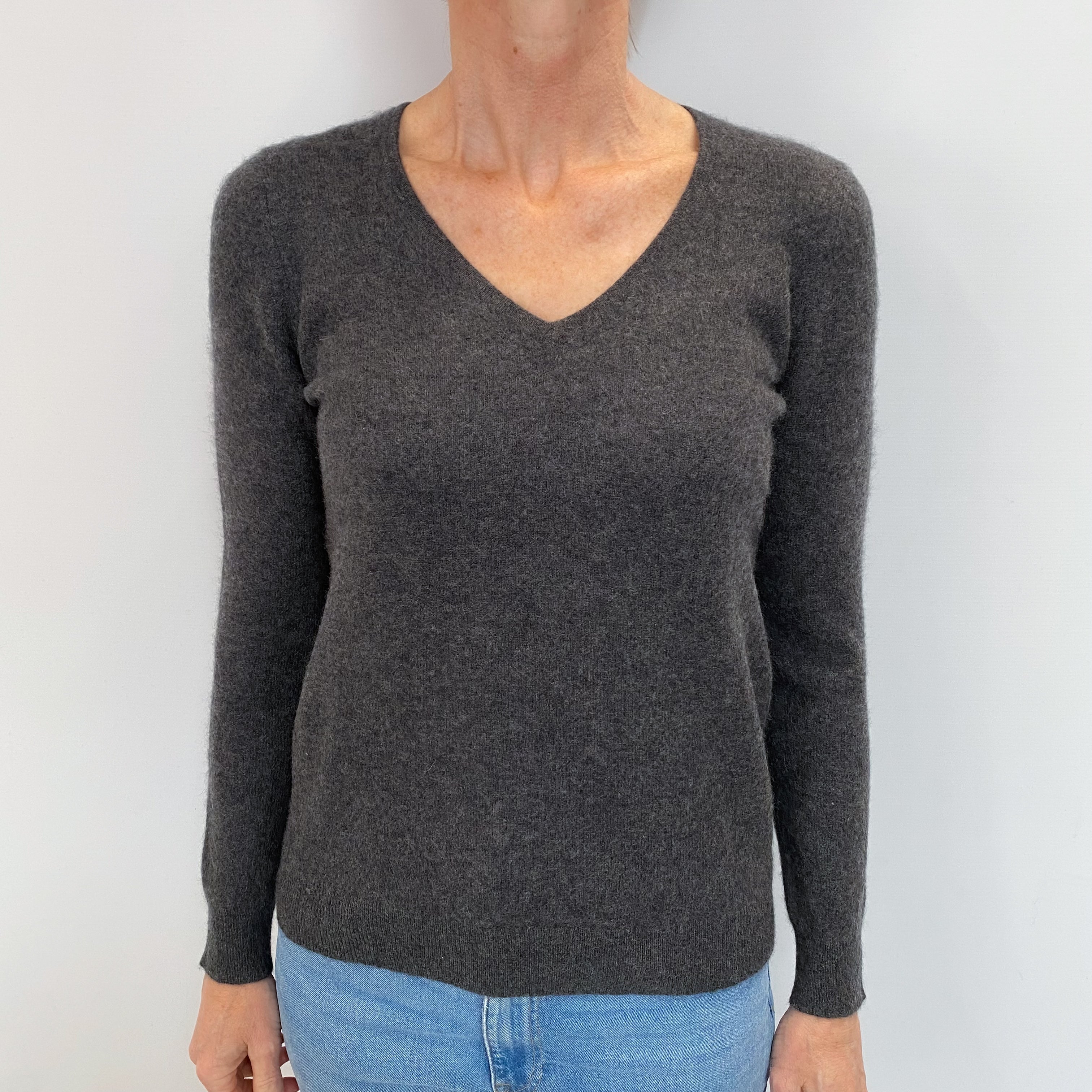 Slate Grey Cashmere V Neck Jumper Small