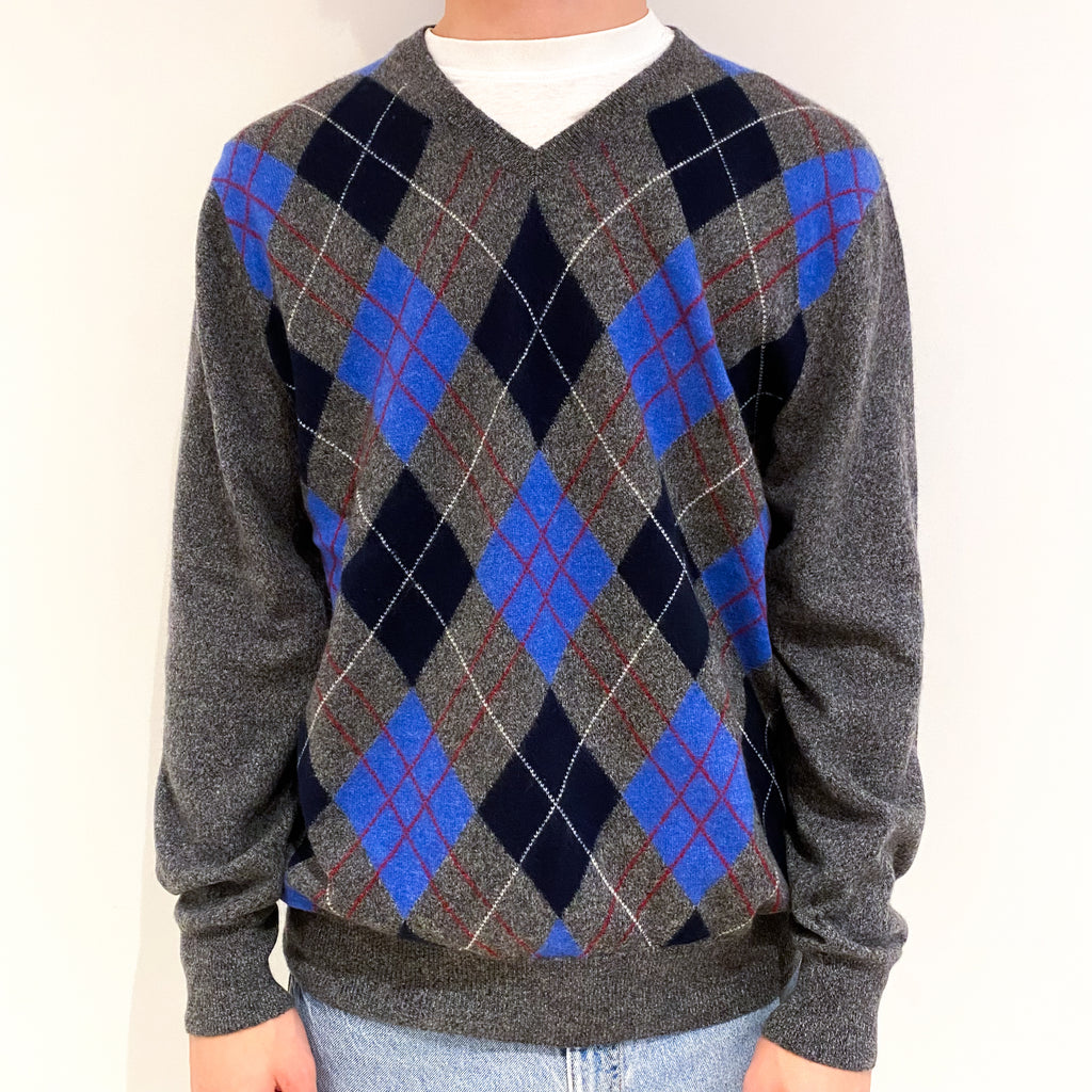 Men's Grey and Blue Diamond Cashmere V-Neck Jumper Large