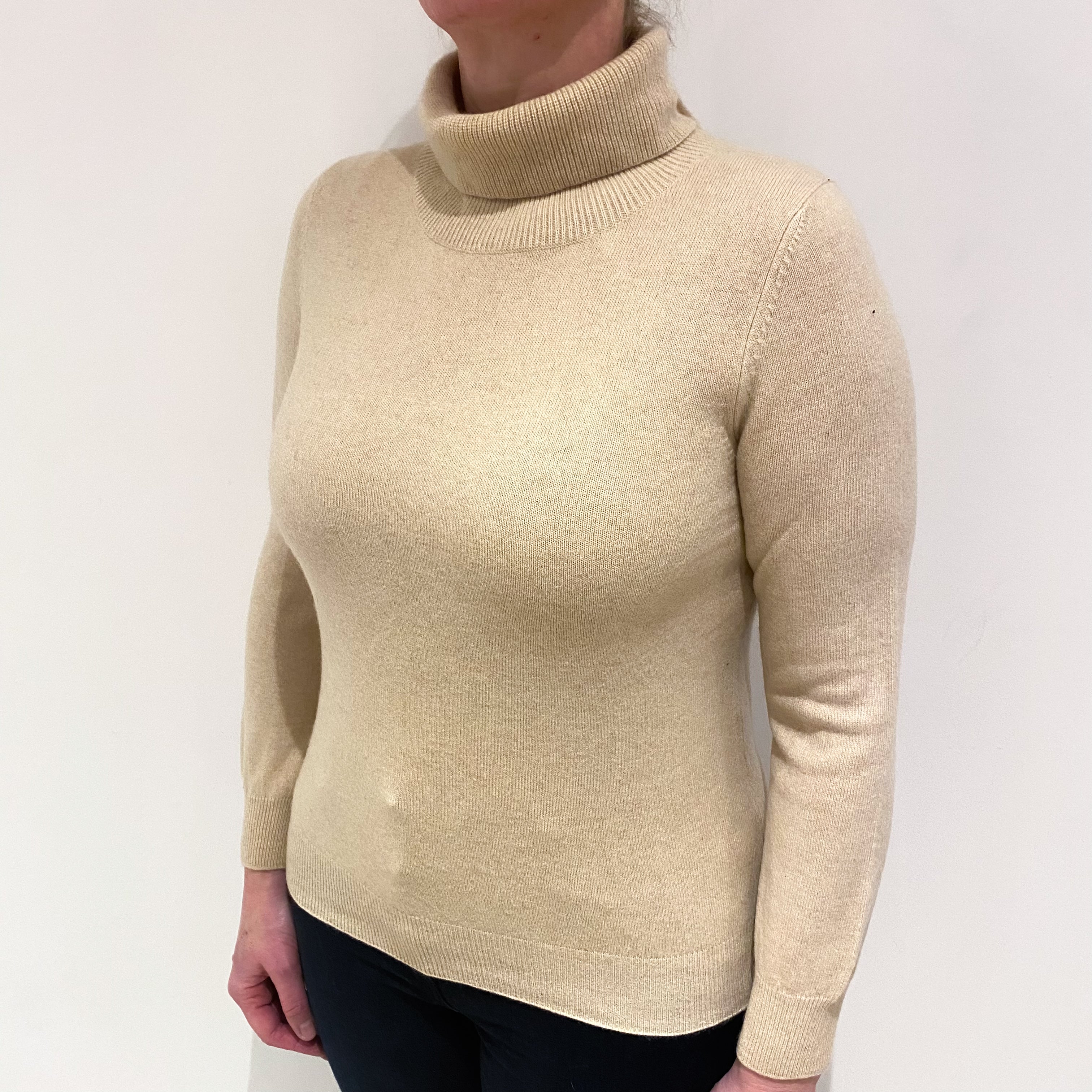 Sand Beige Cashmere Polo Neck Jumper Large