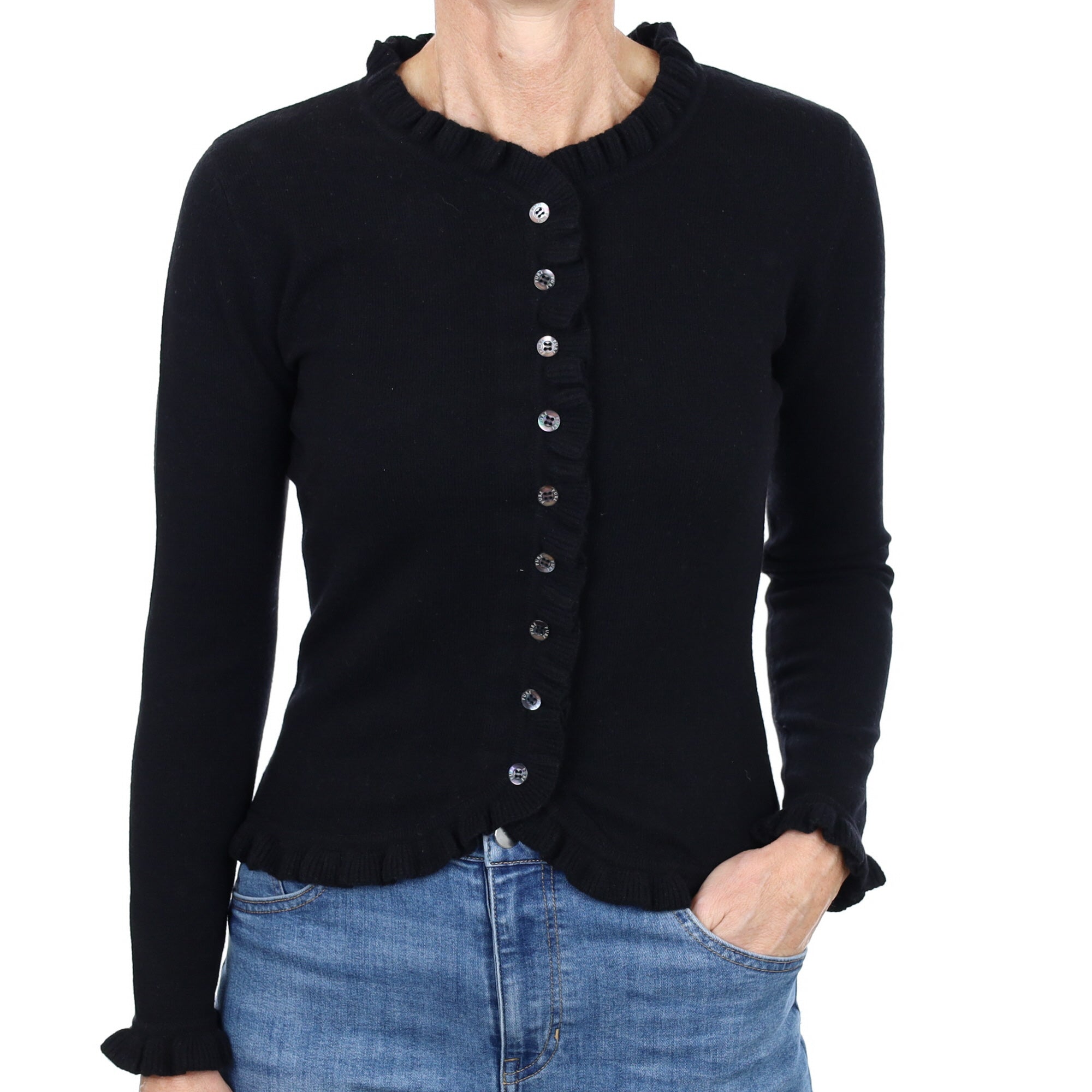 New Black Ruffle Cashmere Crew Neck Cardigan Small