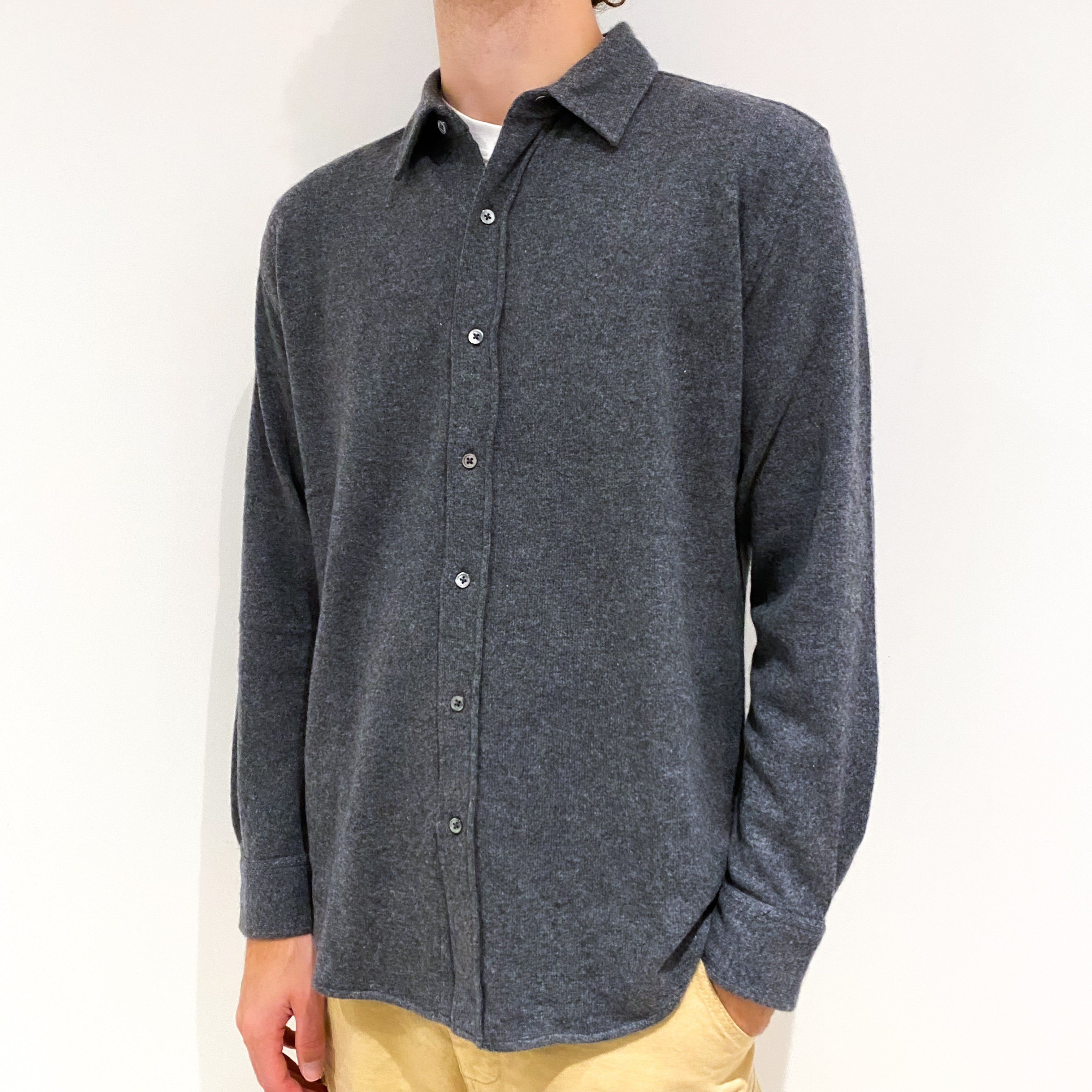 Men's Slate Grey Cashmere Shirt Style Jumper Large