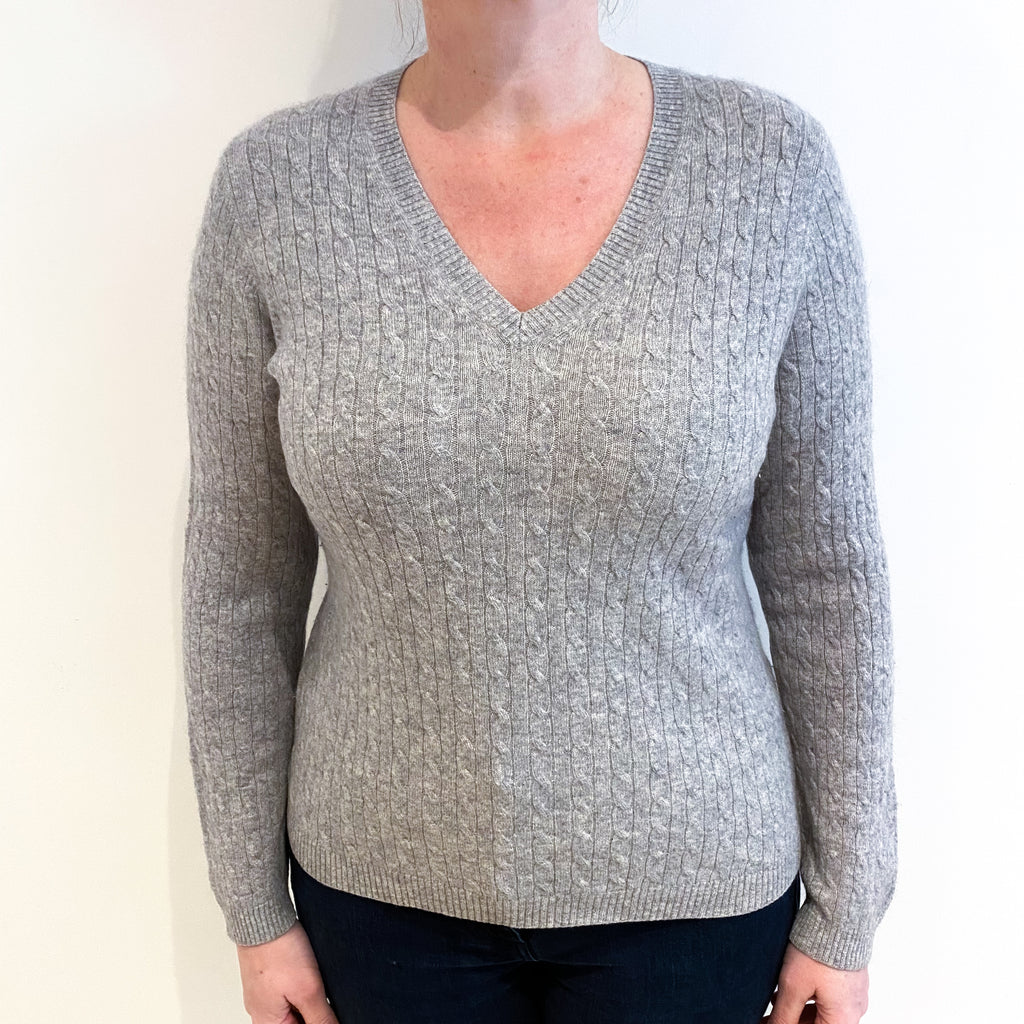 Smoke Grey Cable Cashmere V Neck Jumper Large