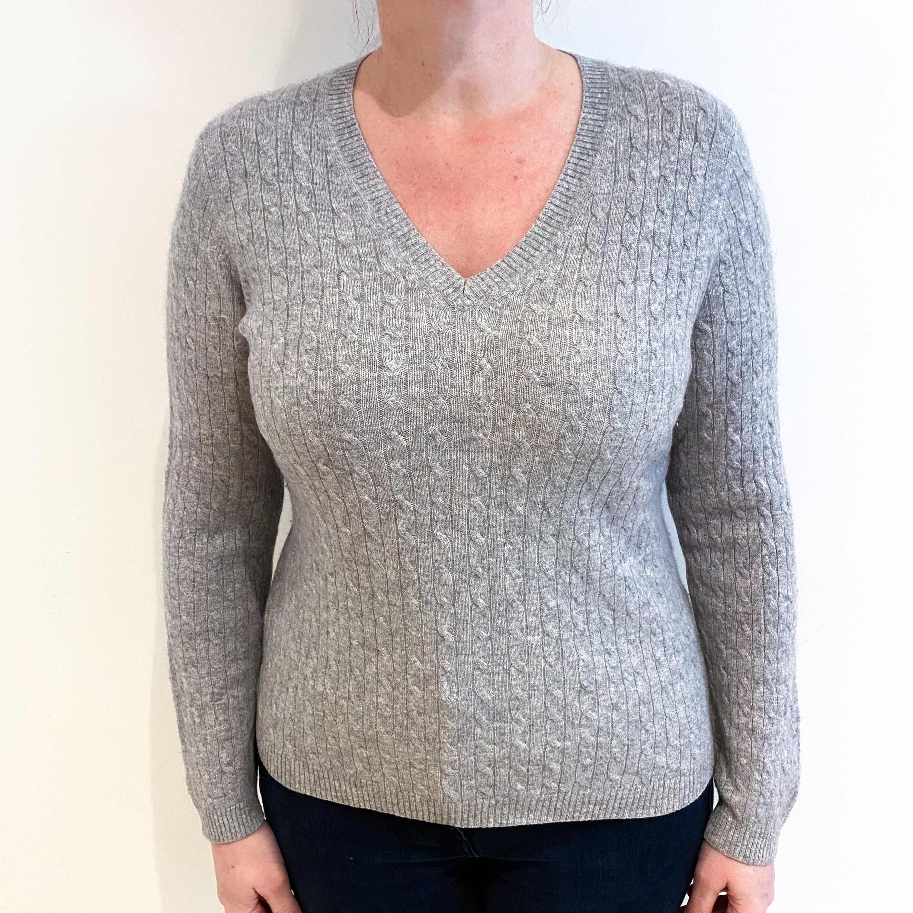 Smoke Grey Cable Cashmere V Neck Jumper Large