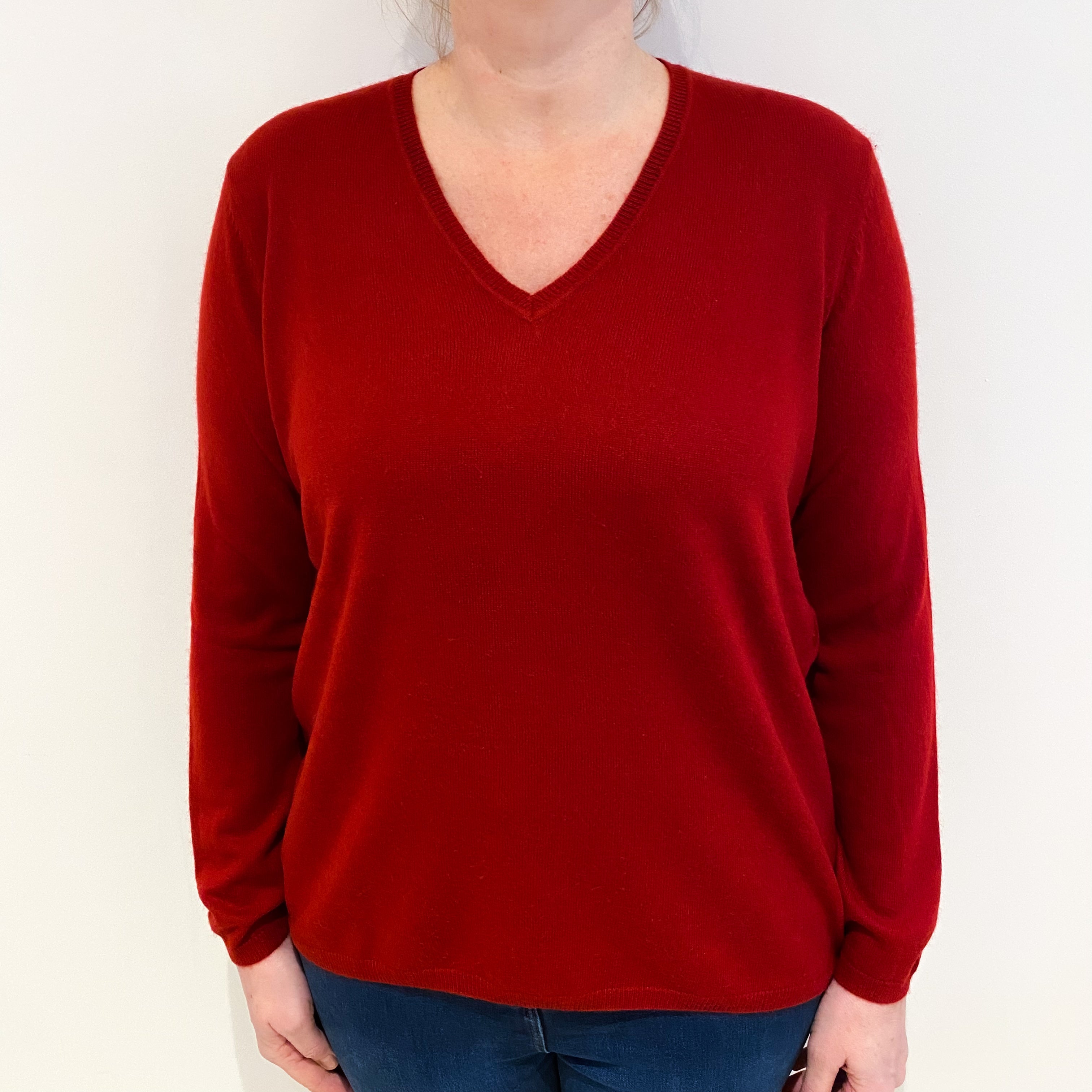 Crimson Red Cashmere Side Button V Neck Jumper Large
