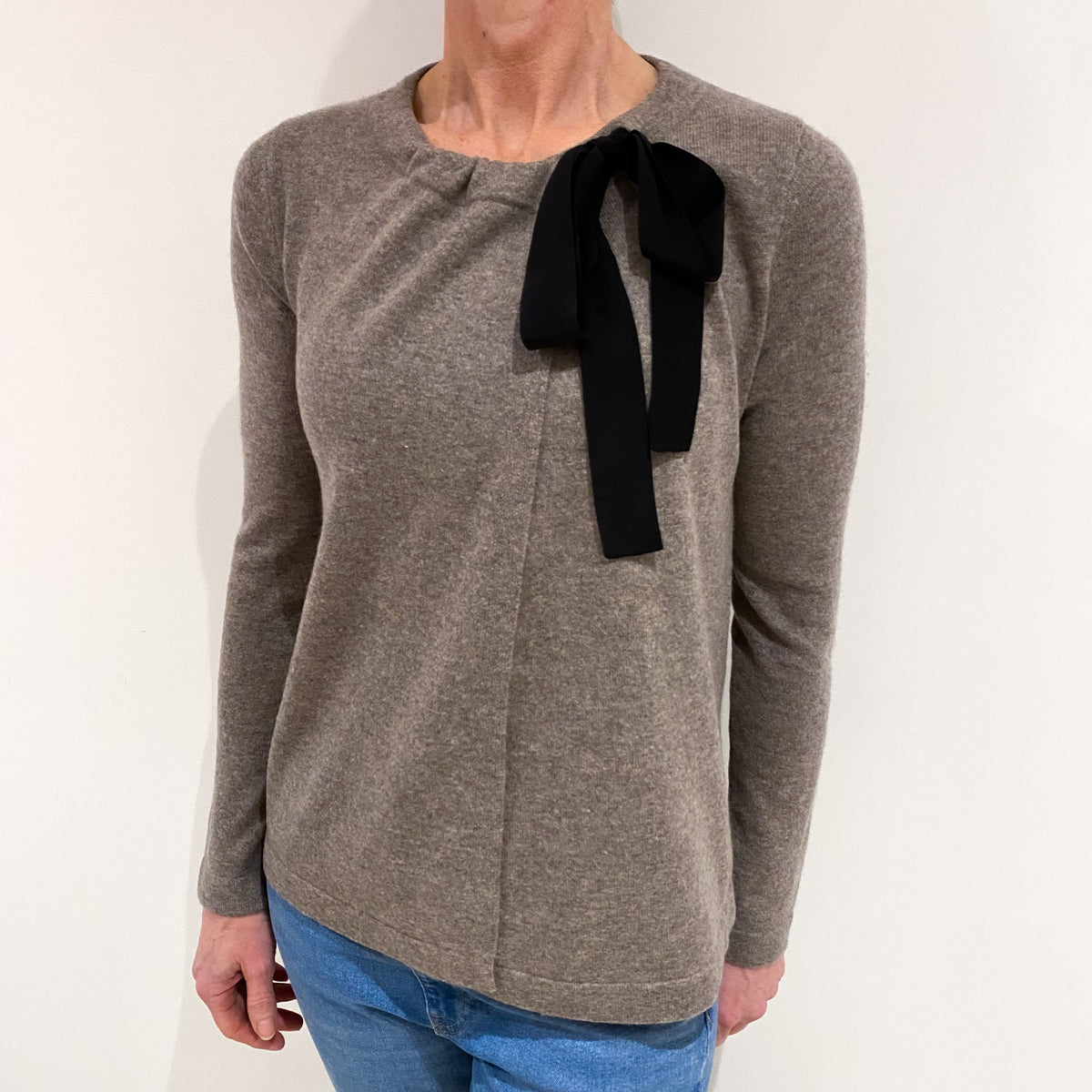 Mink Brown Tie Fasten Cashmere Crew Neck Cardigan Small