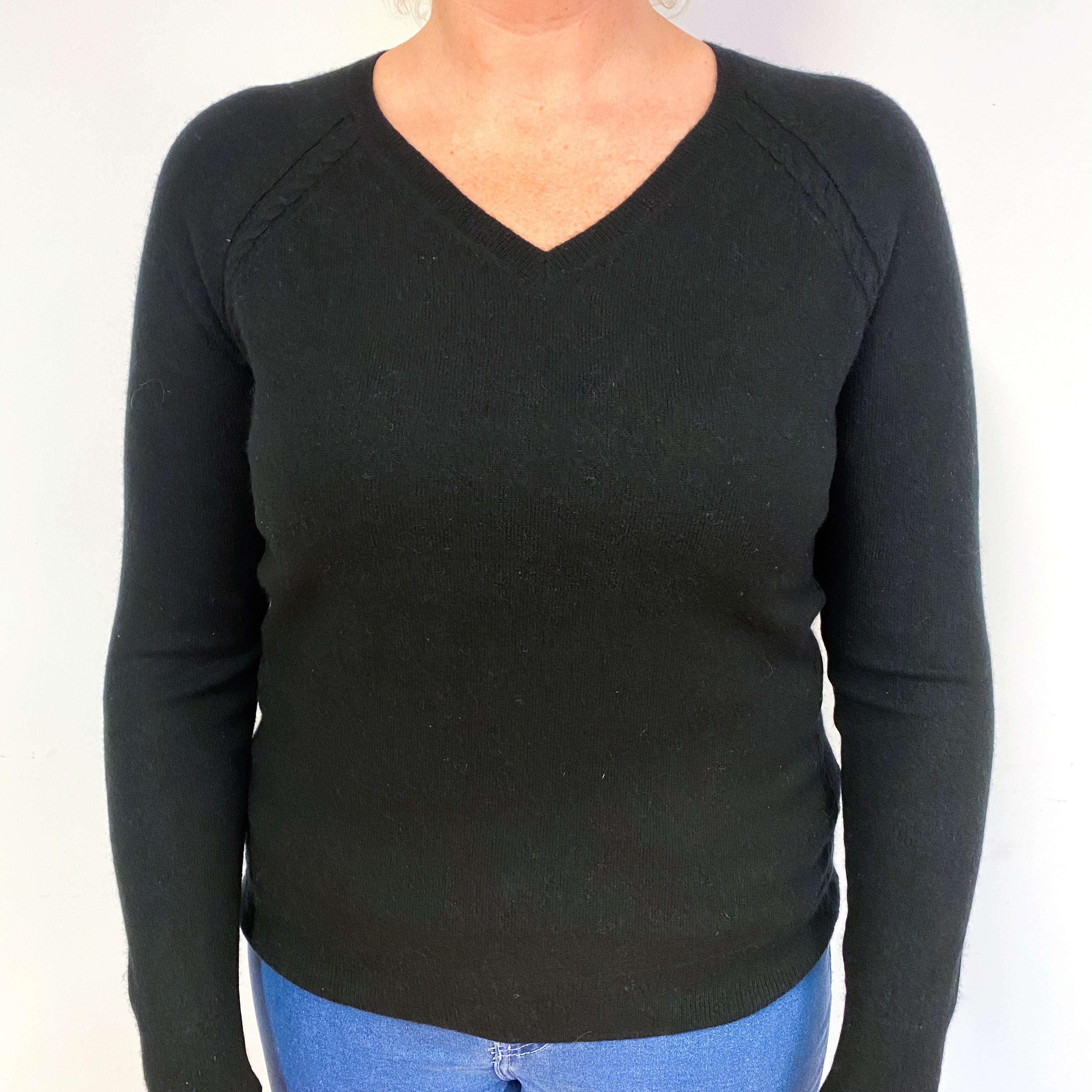 Black Cable Trim Cashmere V-Neck Jumper Large