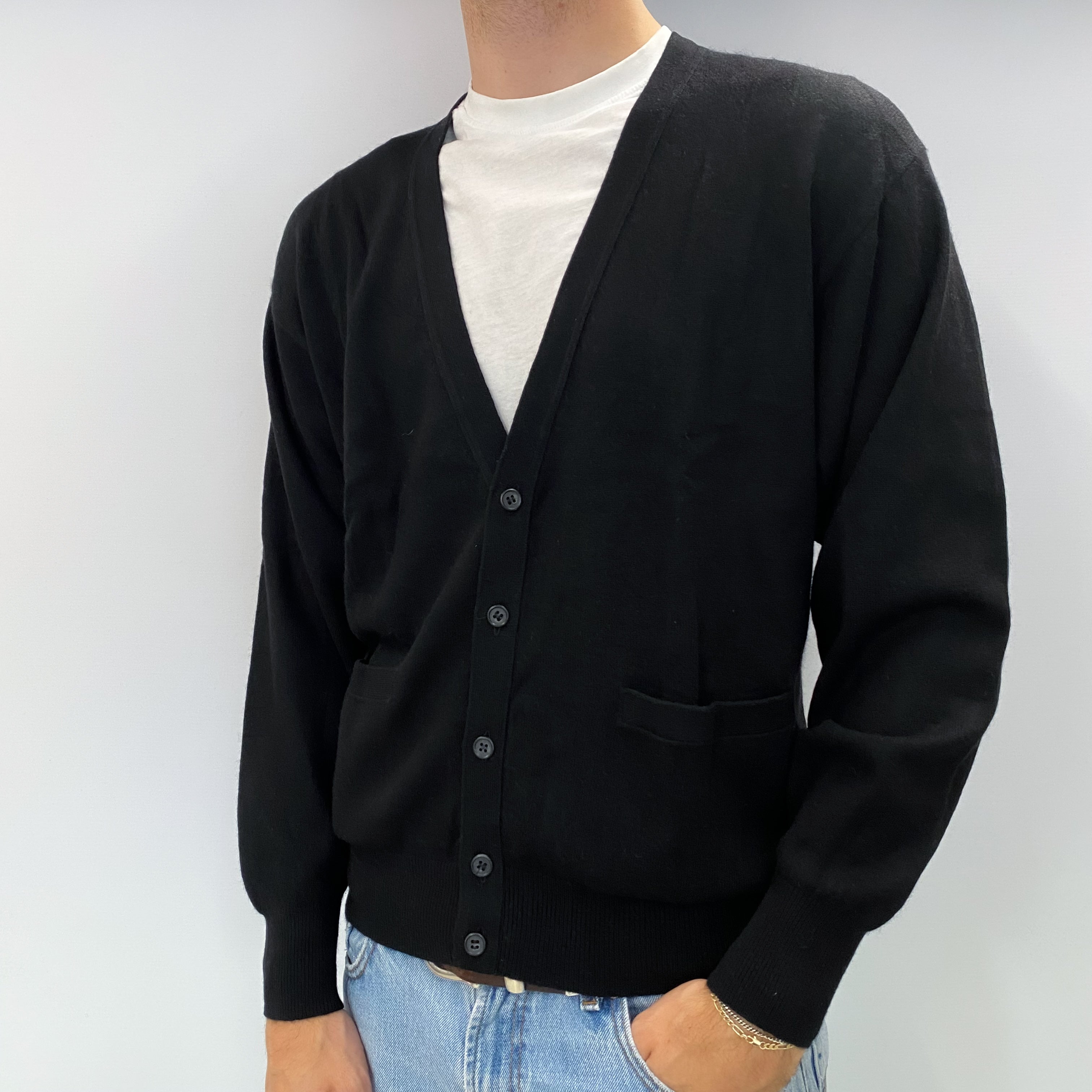 Men's Black Cashmere V Neck Cardigan Large