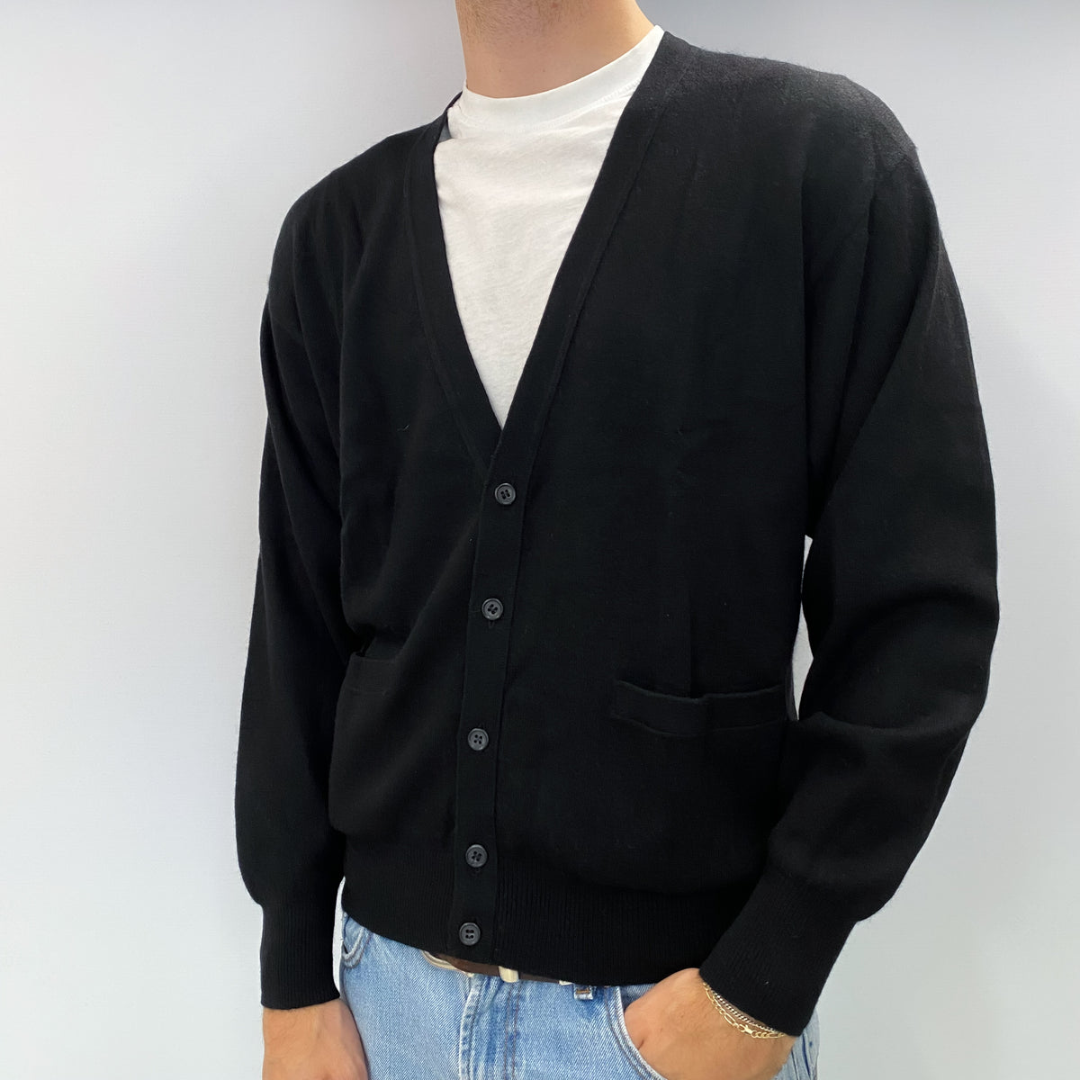 Men's Black Cashmere V Neck Cardigan Large