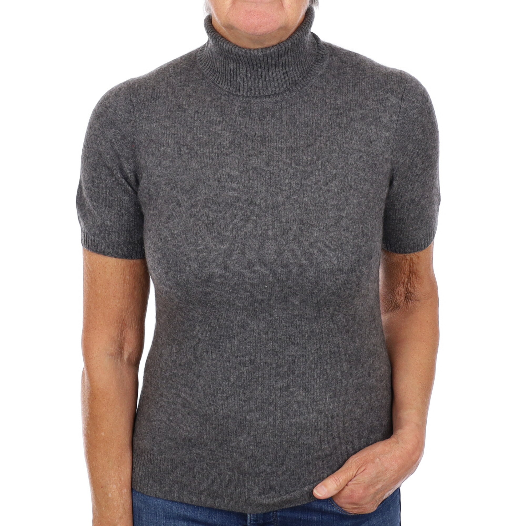 Slate Grey Cashmere Short Sleeve Polo Neck Jumper Medium