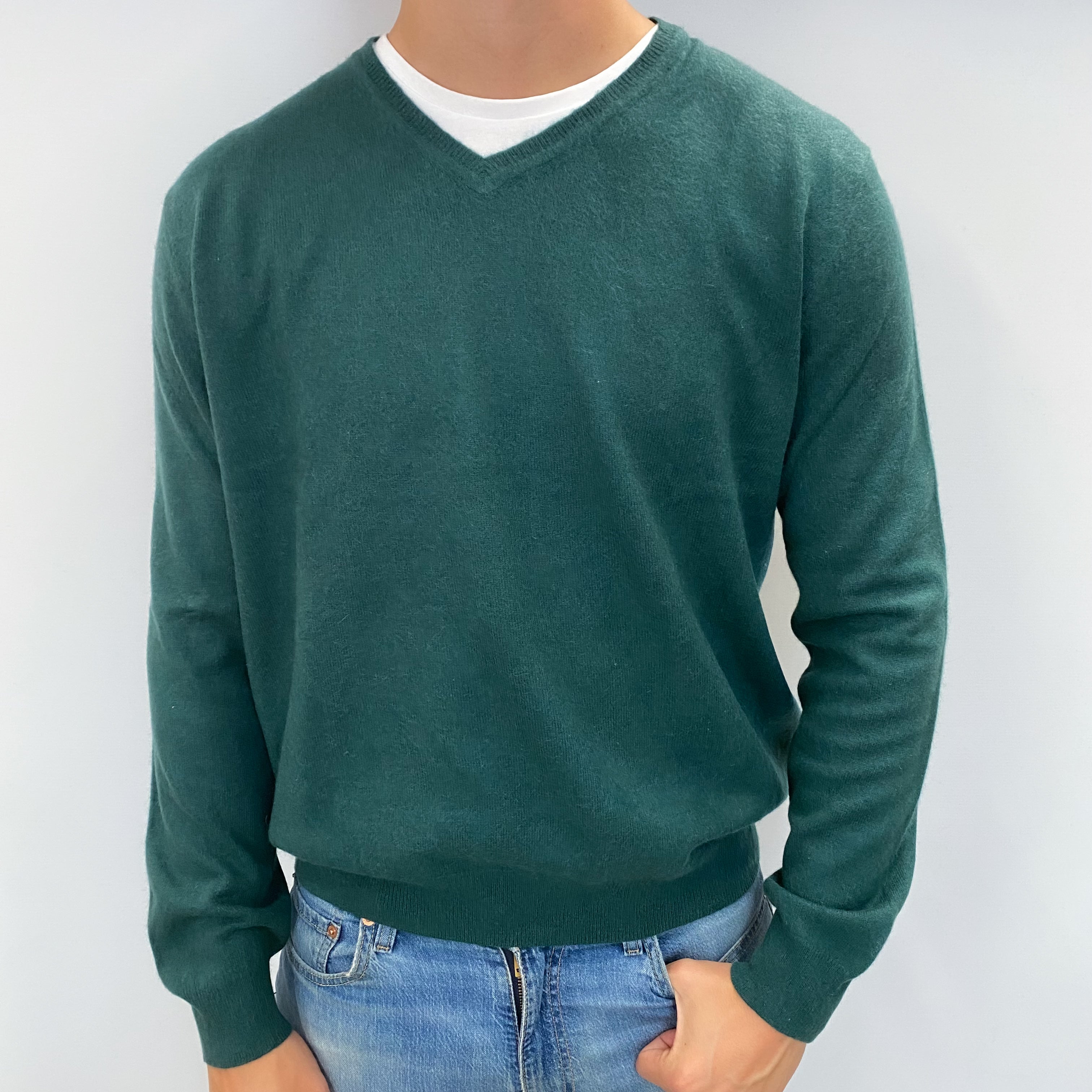 Men's Pine Green Cashmere V Neck Jumper XXL