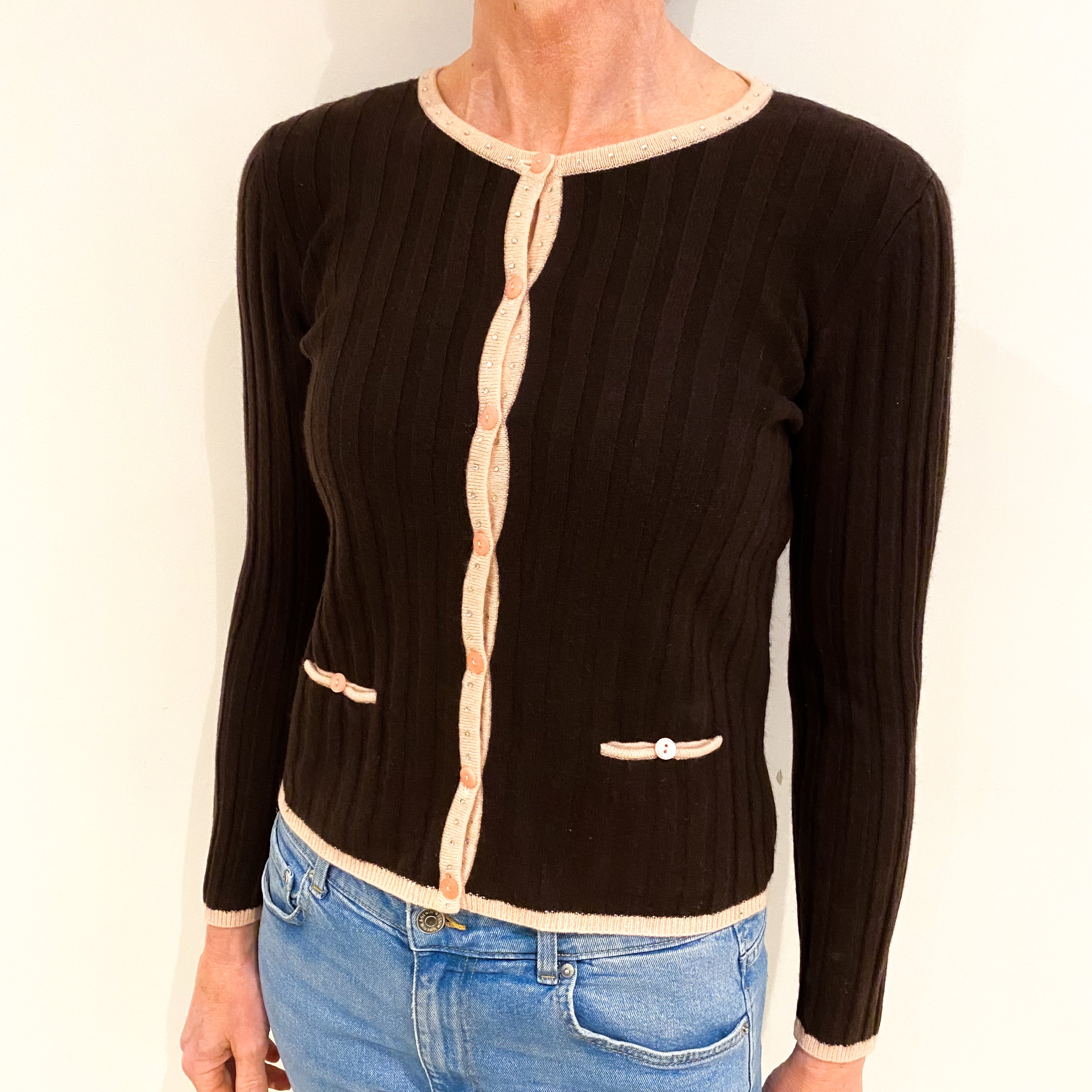 Chocolate Brown Cashmere Crew Neck Cardigan Small