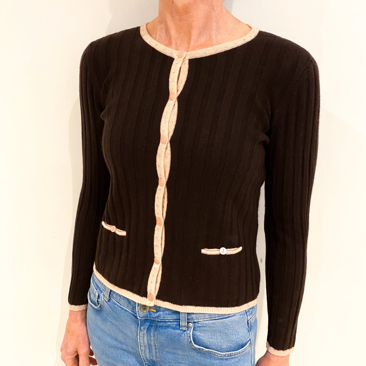 Chocolate Brown Cashmere Crew Neck Cardigan Small