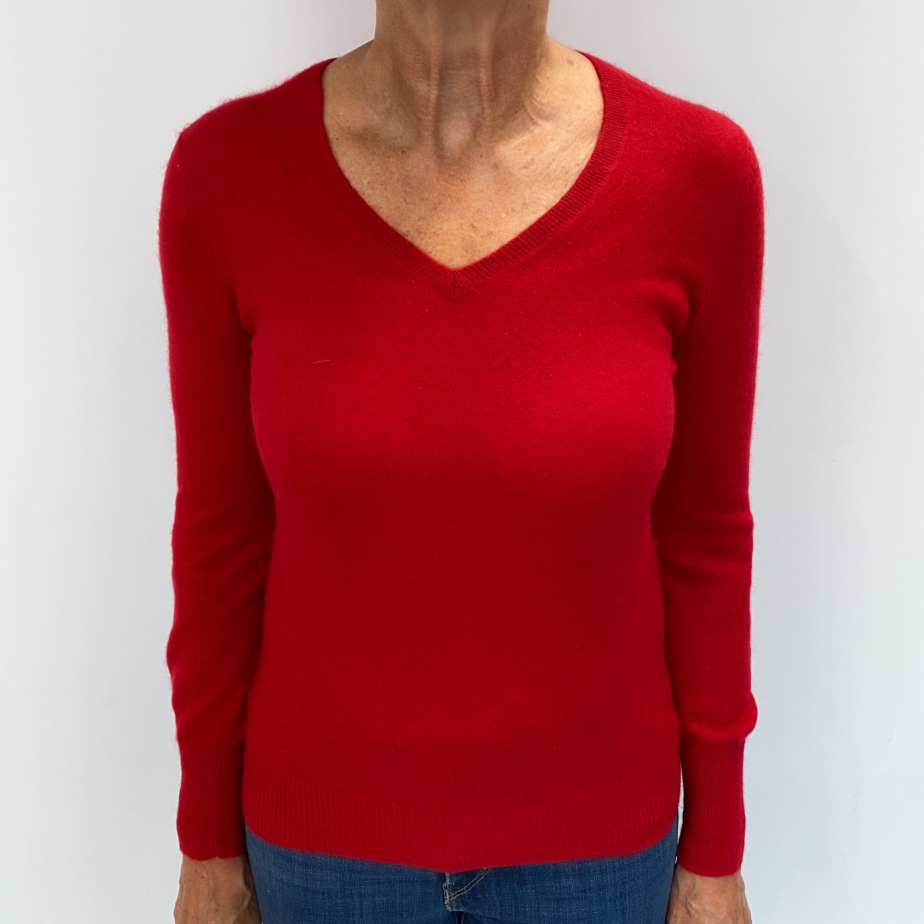 Post Box Red Cashmere V Neck Jumper Medium