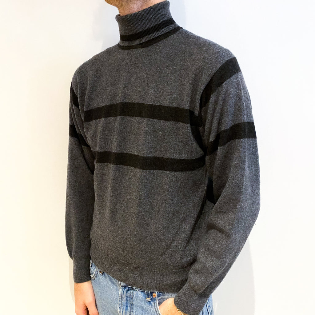 Men's Slate Grey Black Stripe Cashmere Polo Neck Jumper Large