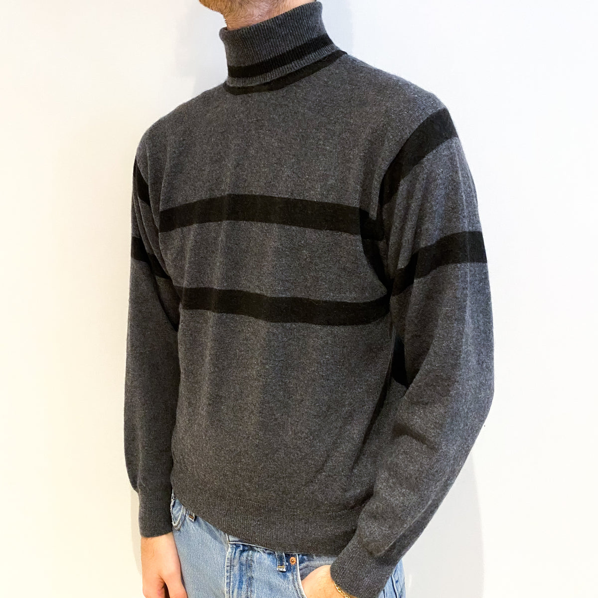 Men's Slate Grey Black Stripe Cashmere Polo Neck Jumper Large