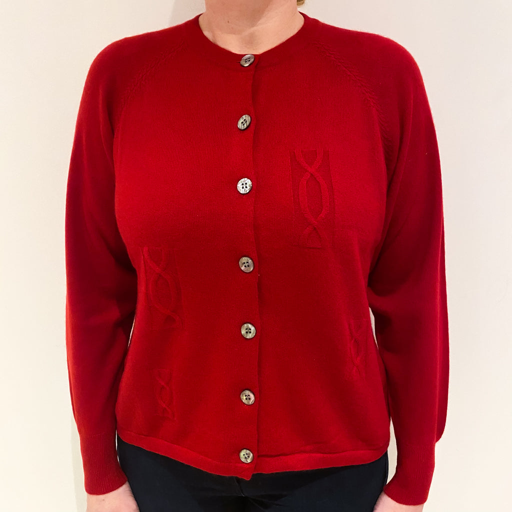 Crimson Red Cashmere Cable Block Crew Neck Cardigan Large