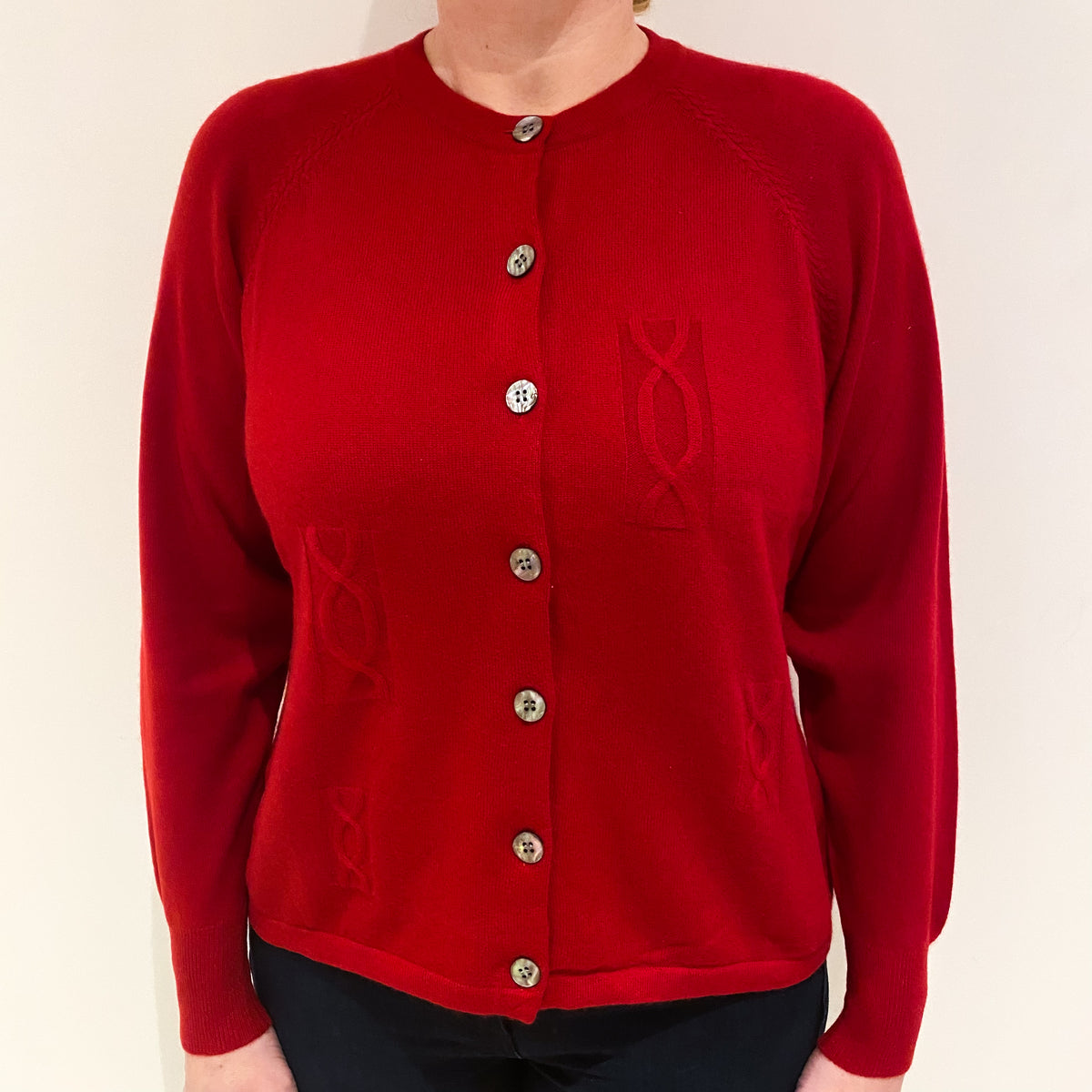 Crimson Red Cashmere Cable Block Crew Neck Cardigan Large