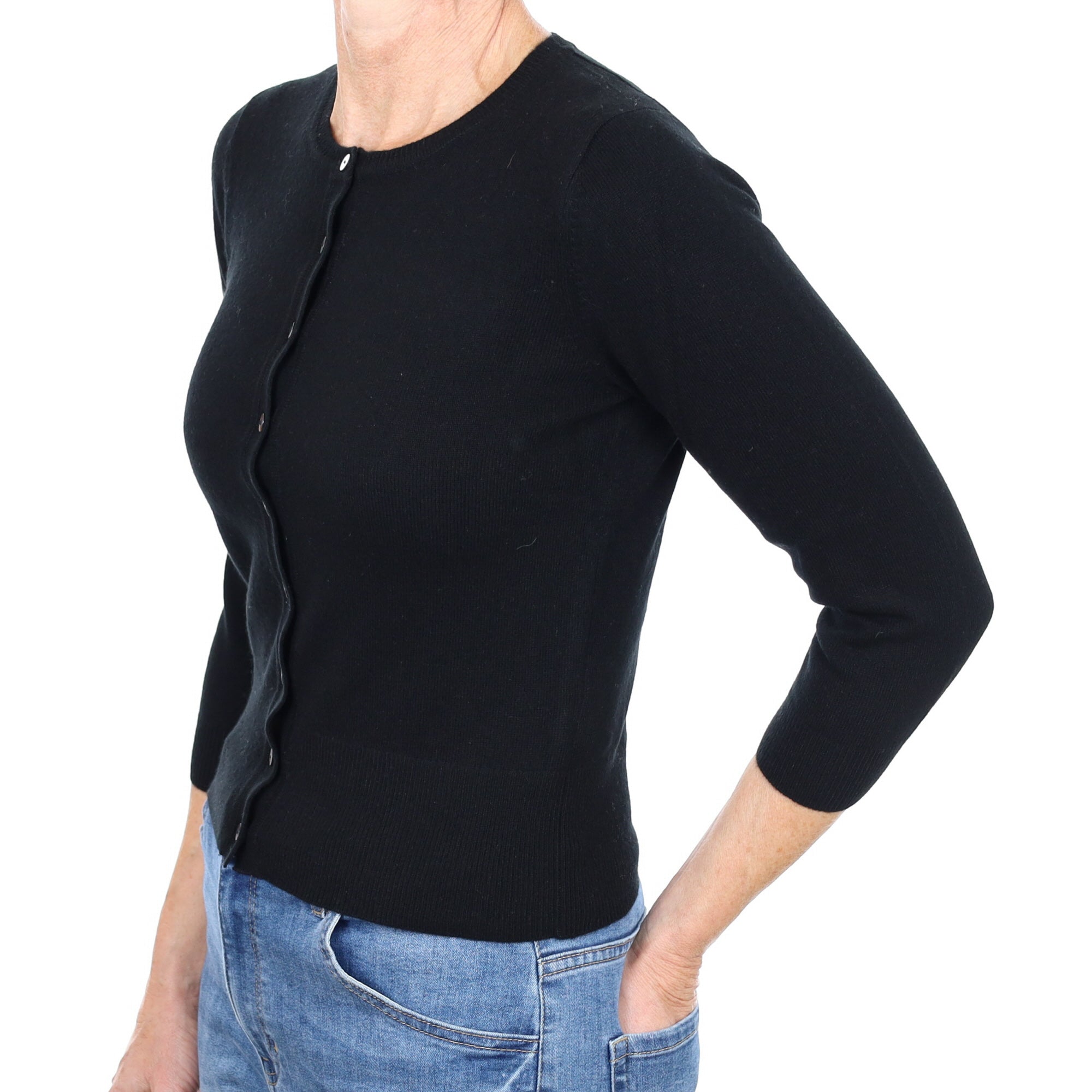 New Black Cashmere Crew Neck Cardigan Small