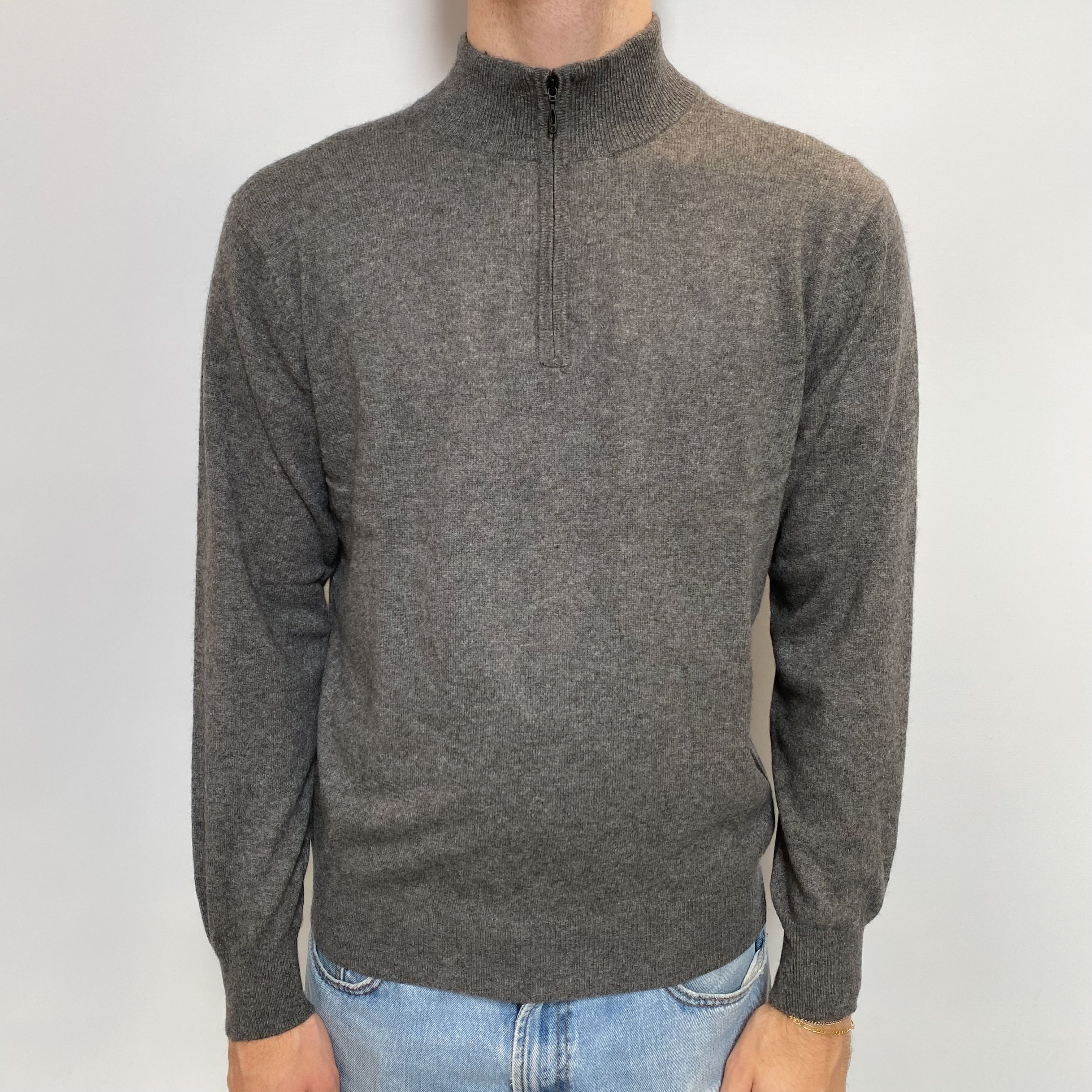 Men's Slate Grey Cashmere 1/4 Zip Front Jumper Large