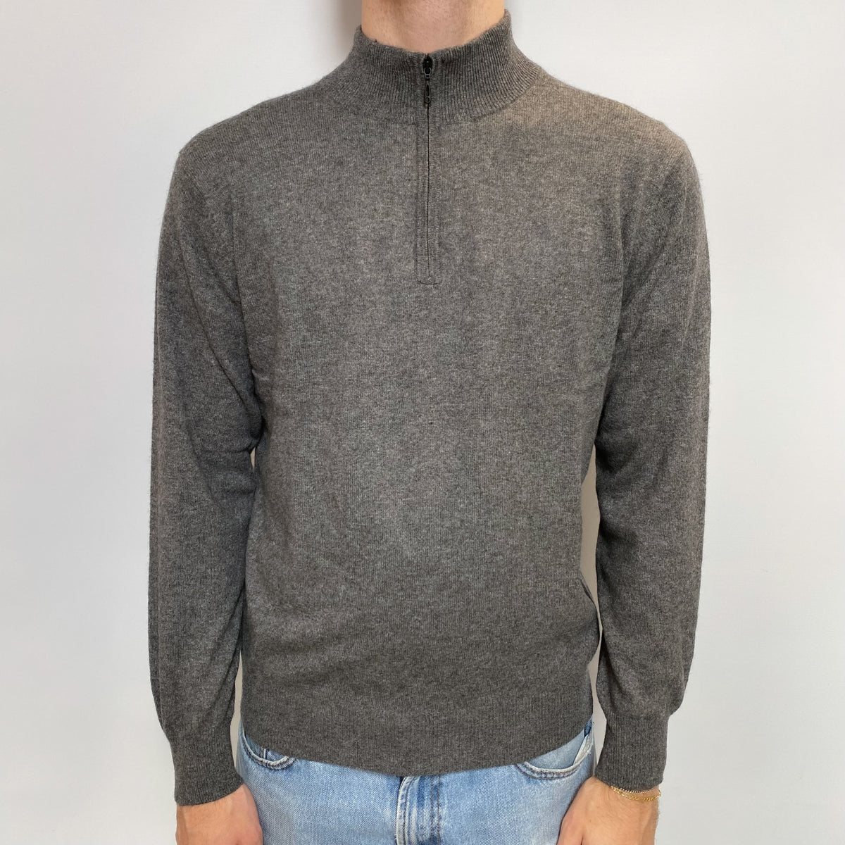 Men's Slate Grey Cashmere 1/4 Zip Front Jumper Large