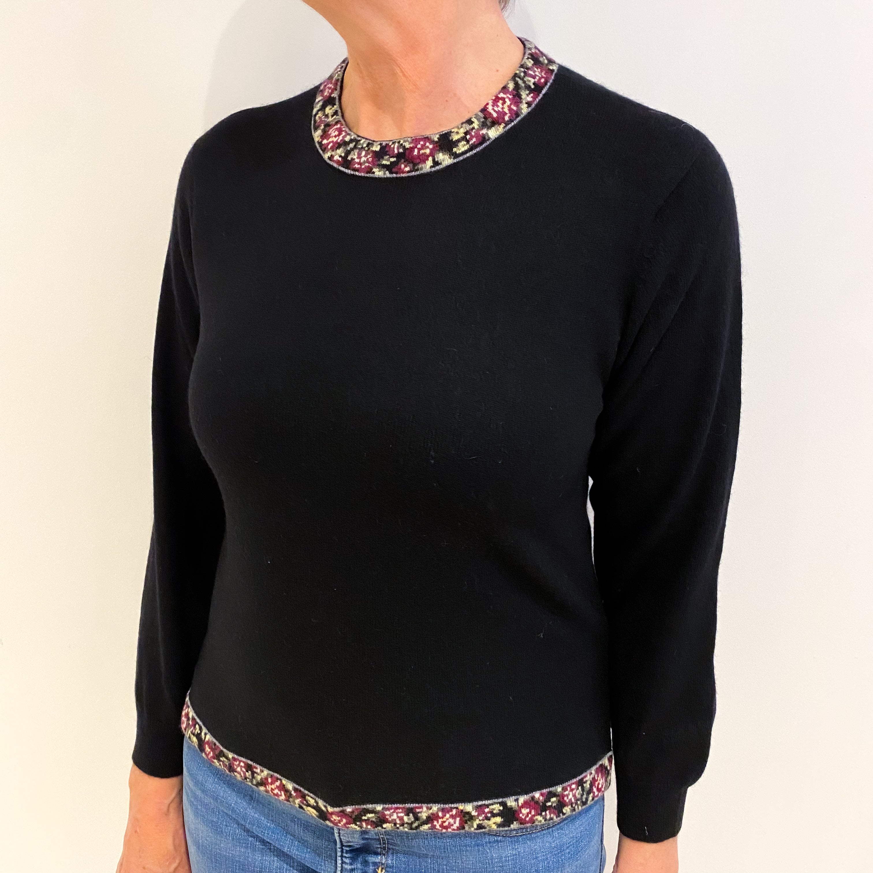 Black With Floral Trim Cashmere Crew Neck Jumper Medium