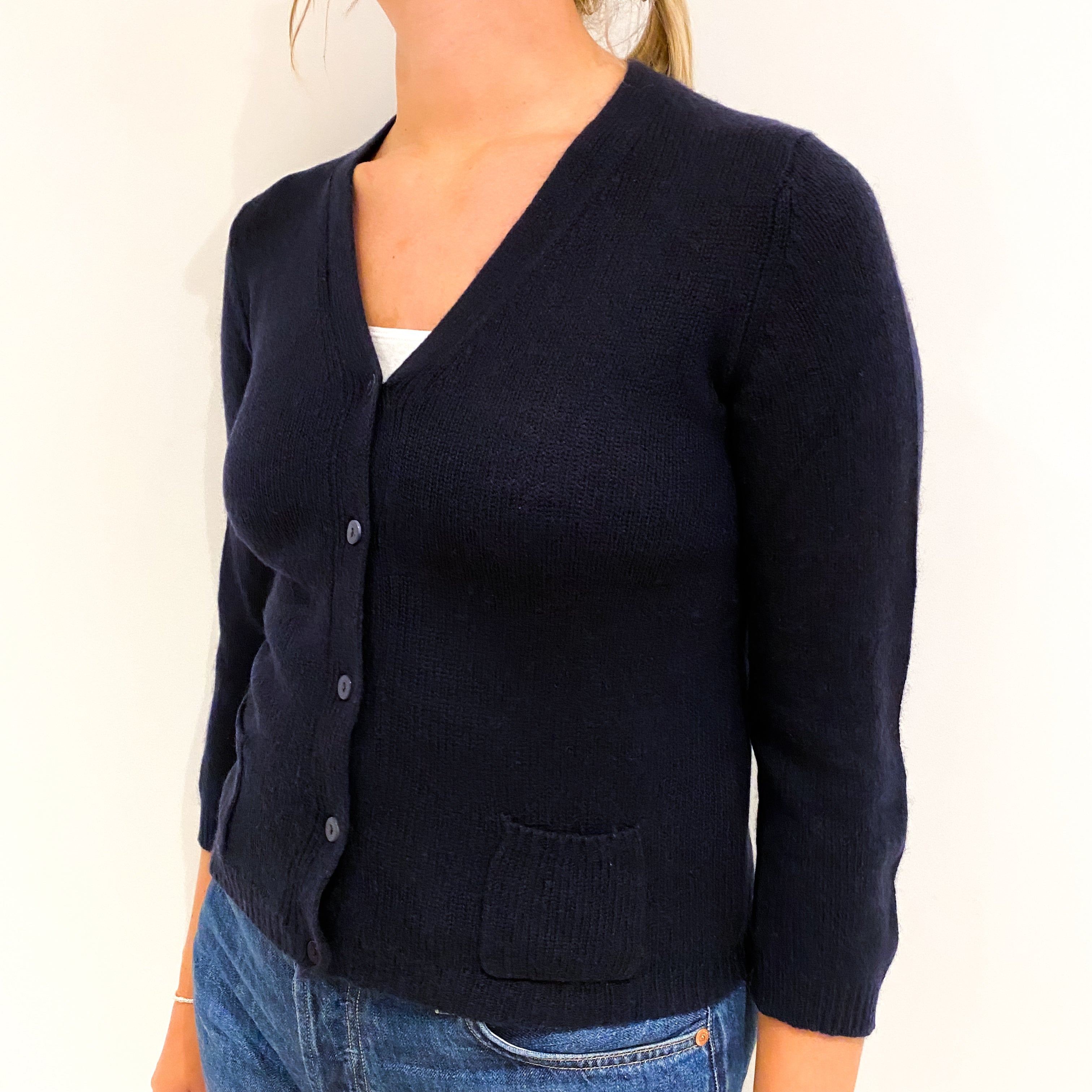 Navy Blue Cashmere V-Neck Cardigan Small