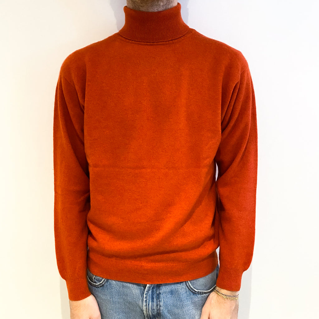 Men's Rust Orange Cashmere Polo Neck Jumper Large