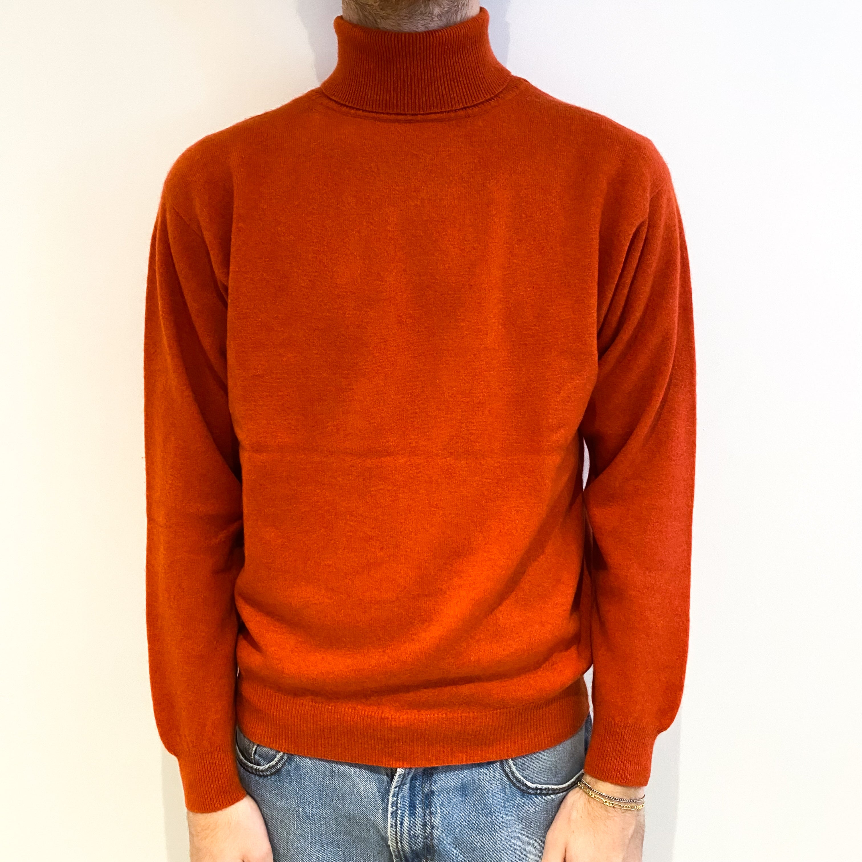 Men's Rust Orange Cashmere Polo Neck Jumper Large