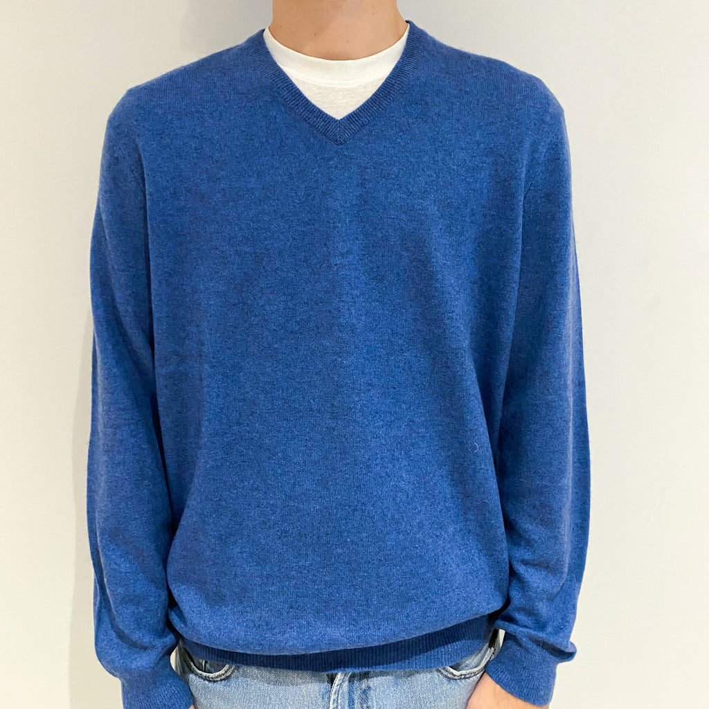 Men's Denim Blue Cashmere V-Neck Jumper Large