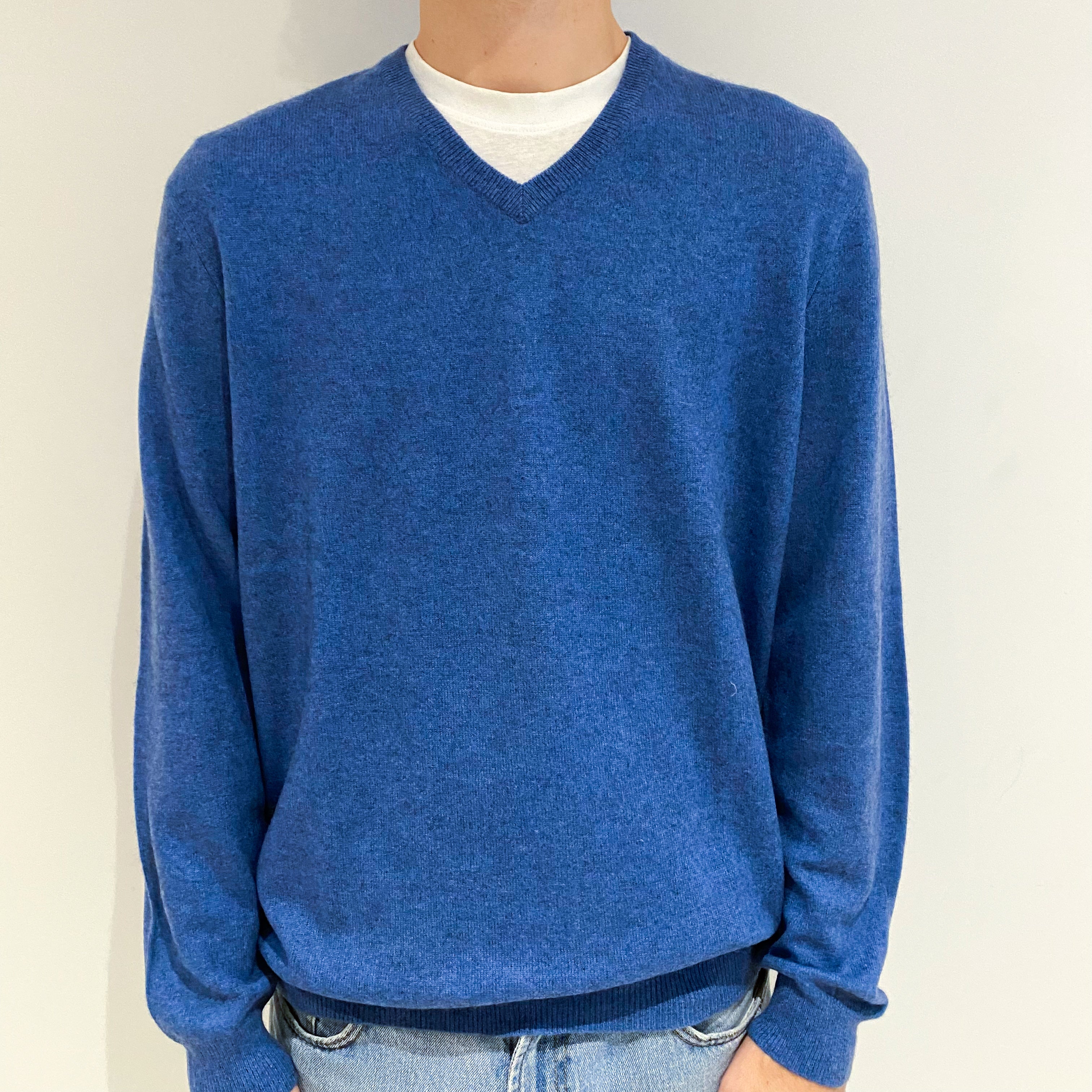 Men's Denim Blue Cashmere V-Neck Jumper Large