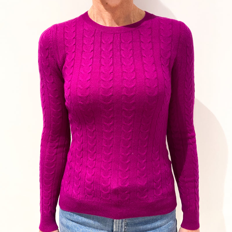 Magenta Pink Cable Knit Cashmere Crew Neck Jumper Small