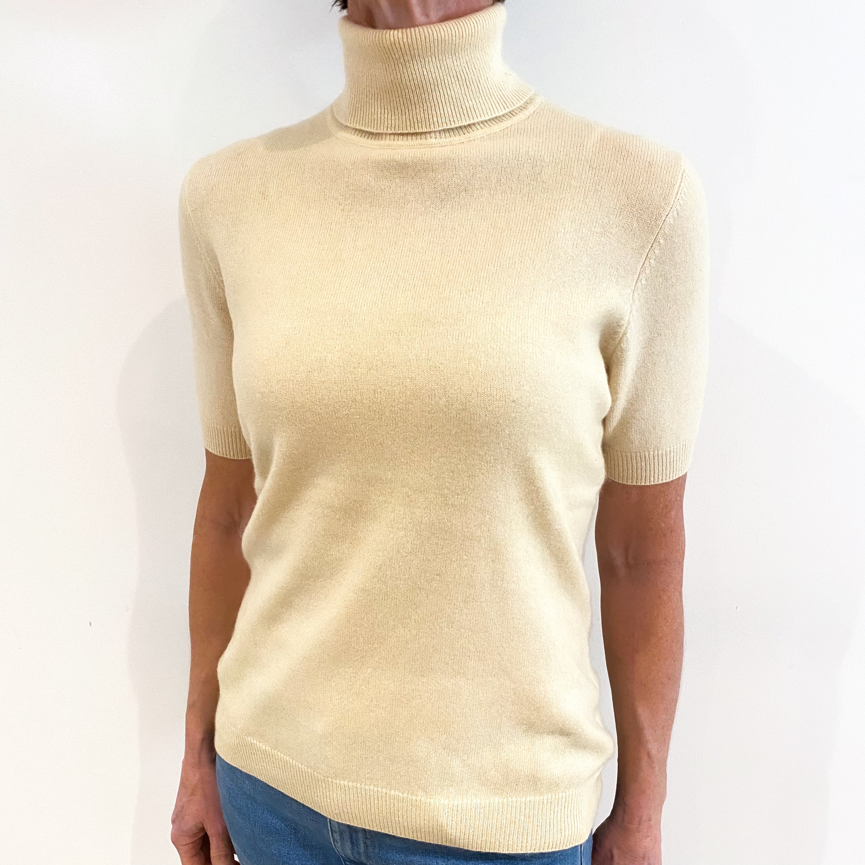 Soft Beige Cashmere Short Sleeve Polo Neck Jumper Small