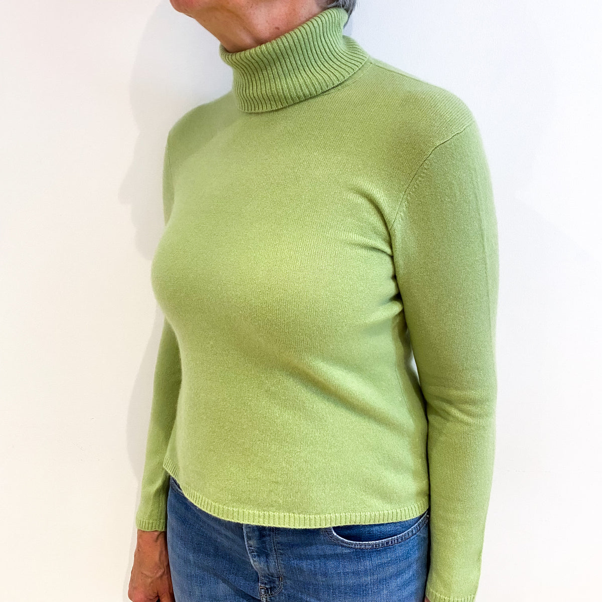 Pear Green Cashmere Polo Neck Jumper Medium
