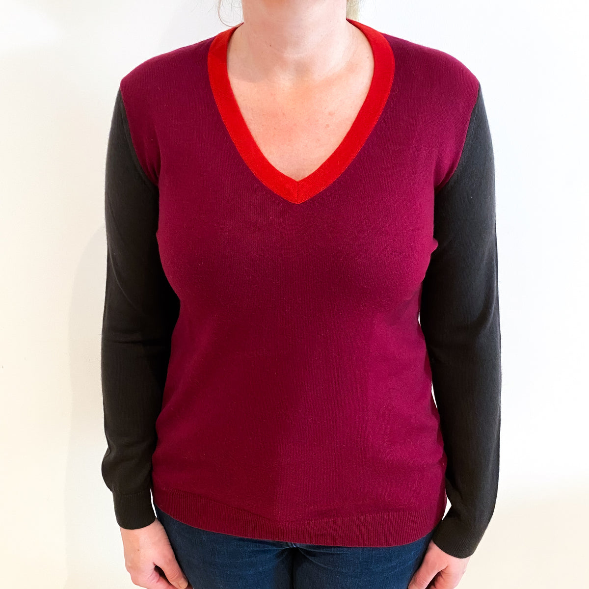 Burgundy Red, Chocolate and Red Cashmere V Neck Jumper Large