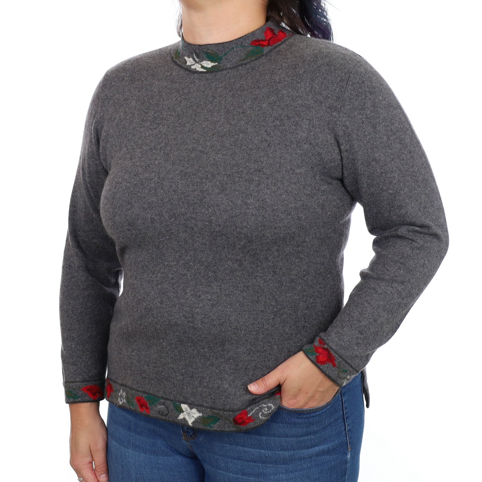 Grey Floral Trim Cashmere Turtle Neck Jumper Large