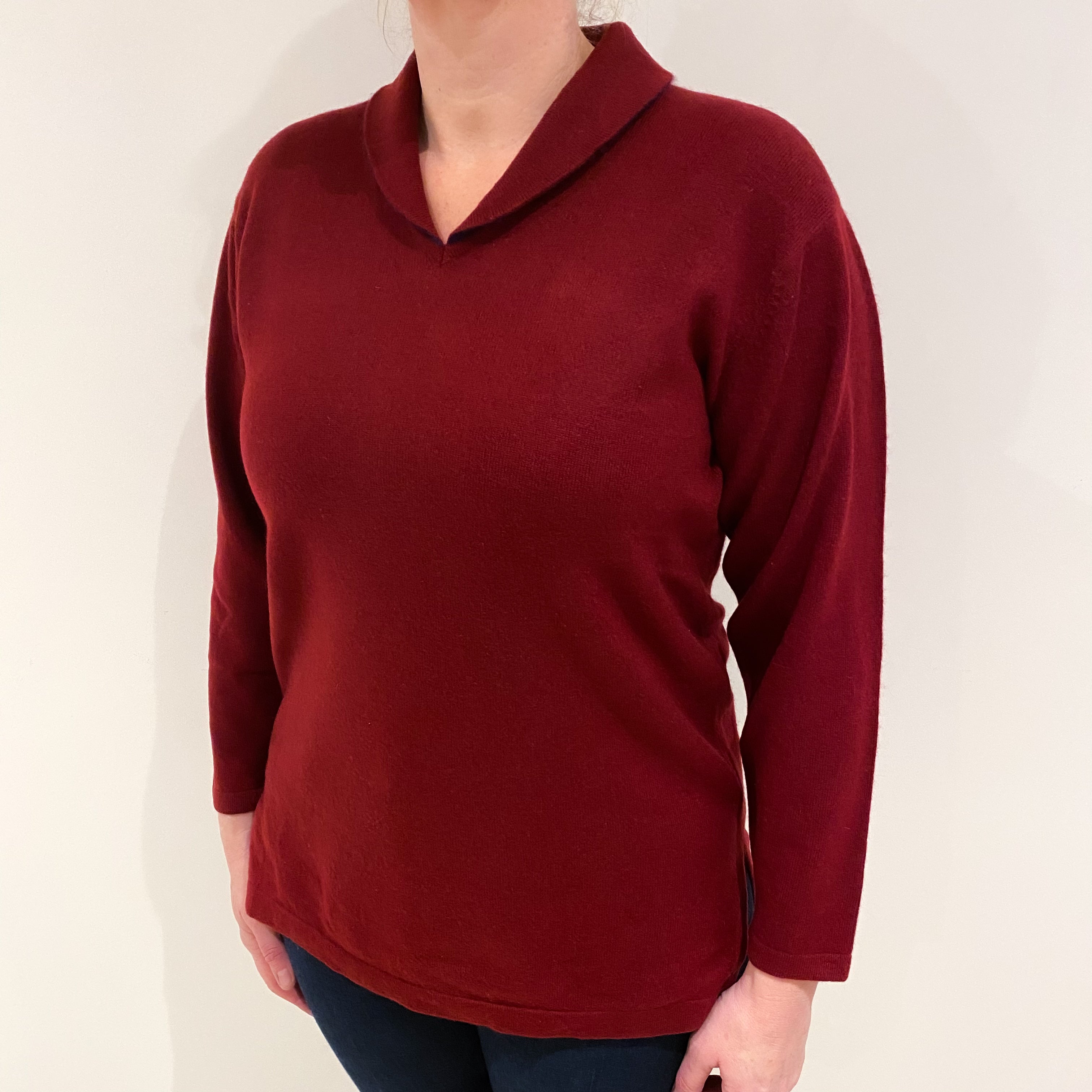 Maroon Red Cashmere Shawl Collar V Neck Jumper Large