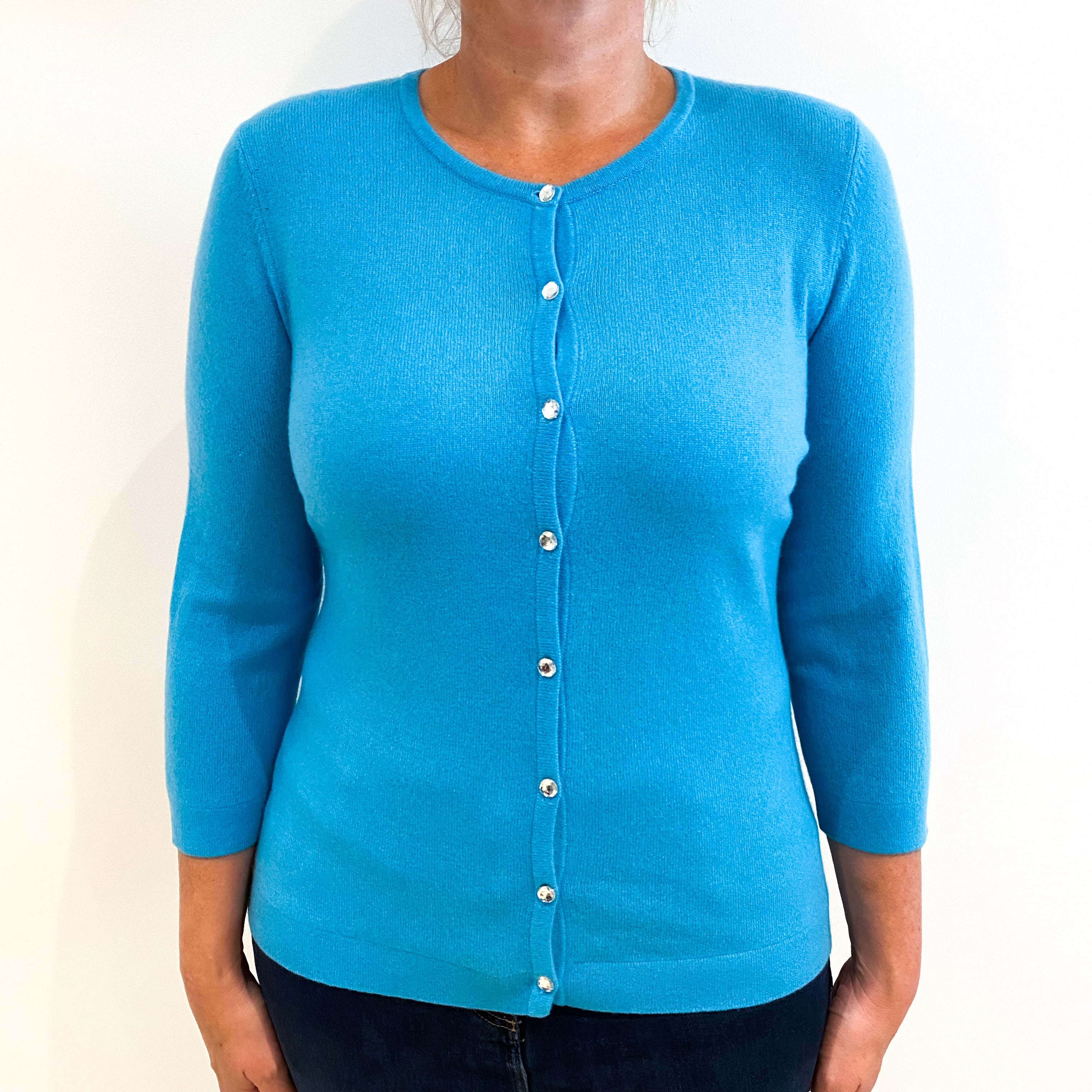 Aqua Blue Cashmere Crew Neck Cardigan Large