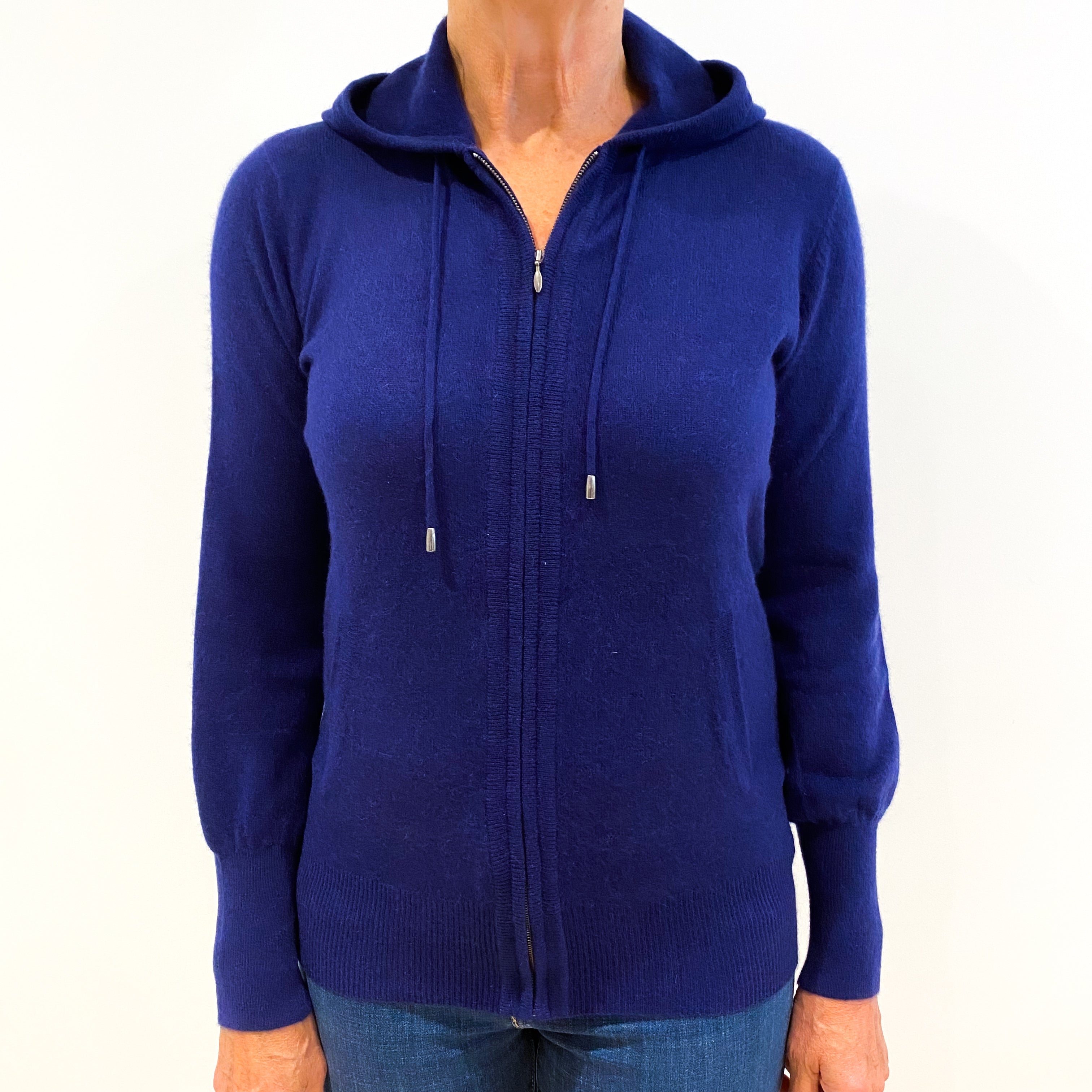 Navy Blue Cashmere Zip Up Hooded Jumper Medium