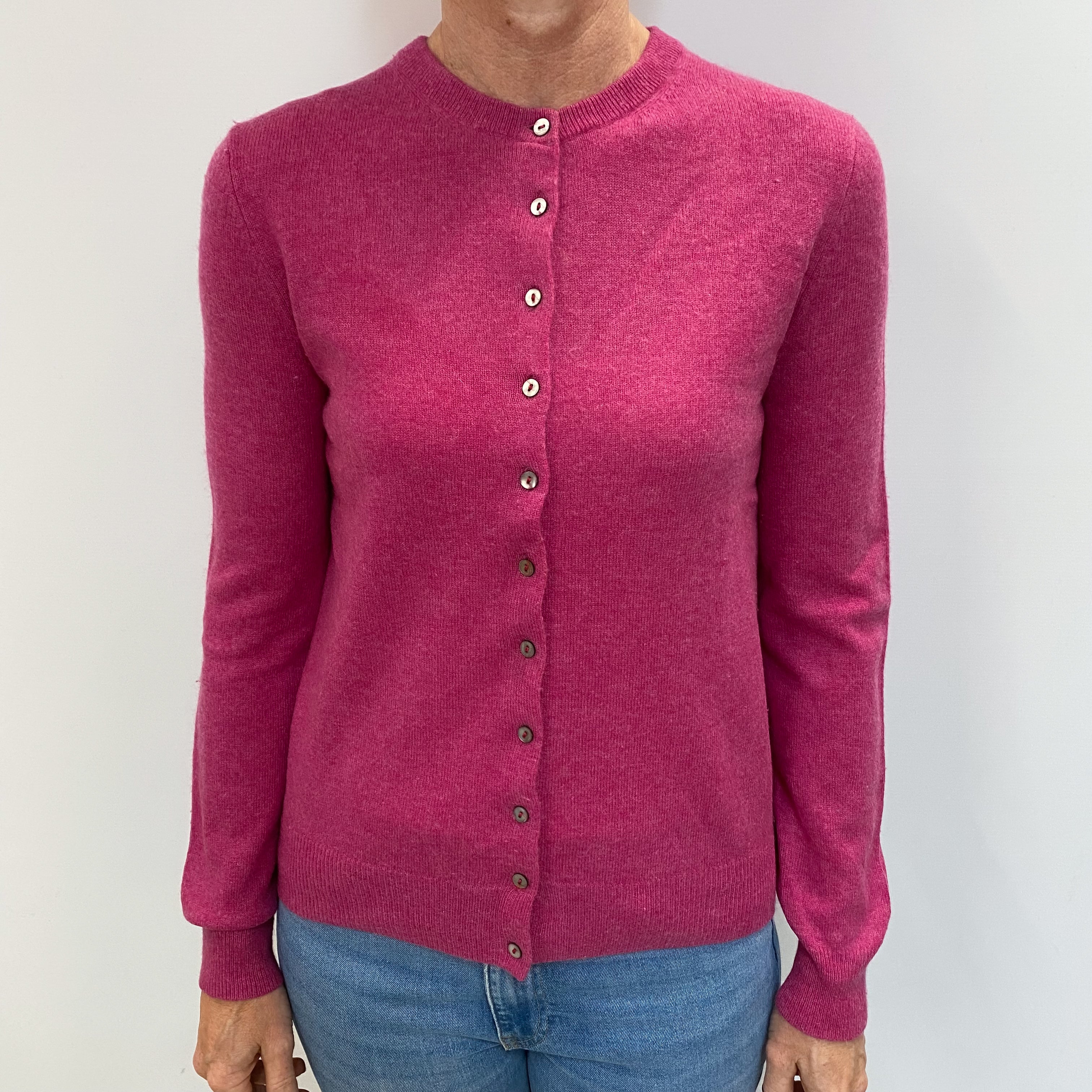 Raspberry Pink Cashmere Crew Neck Cardigan Small