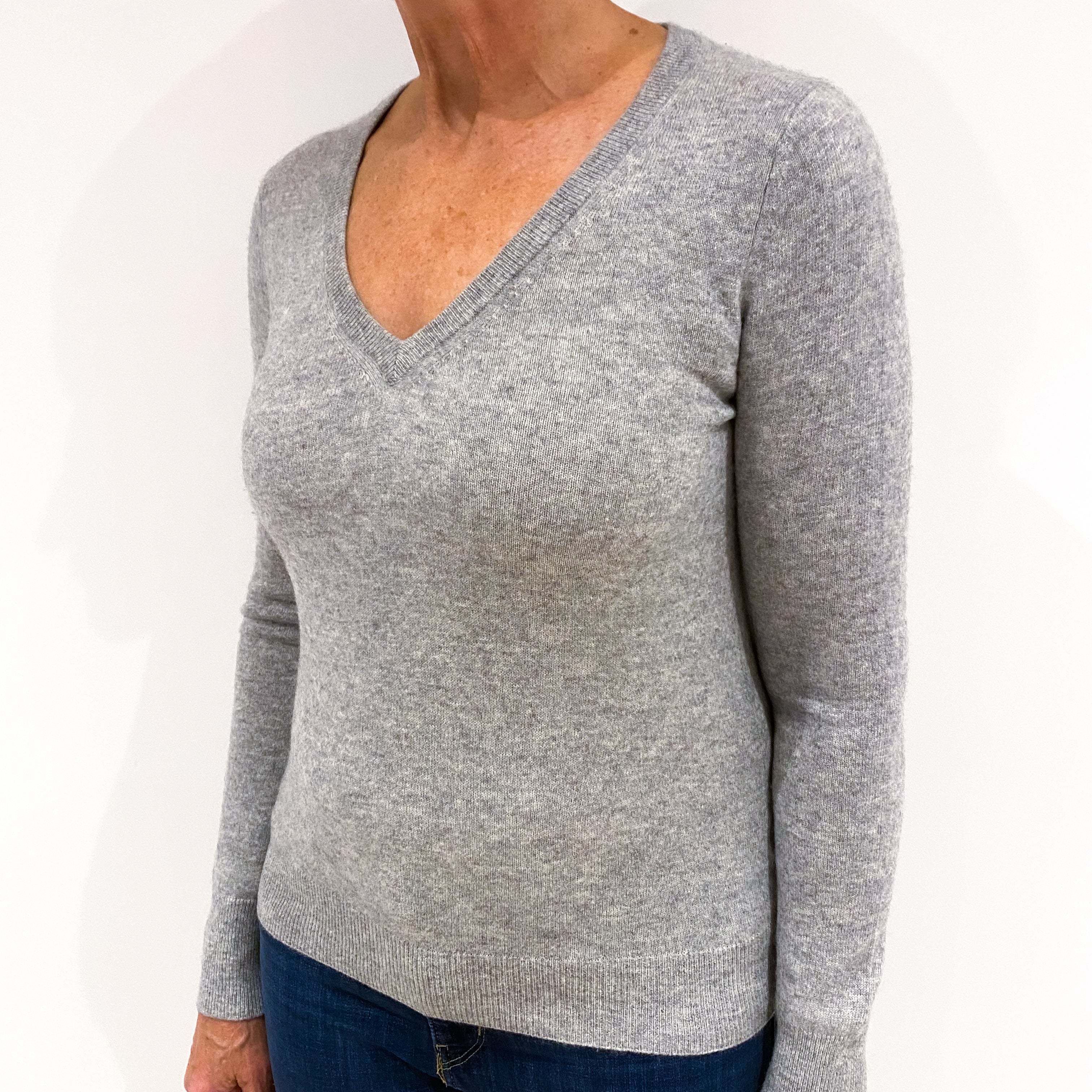 Smoke Grey Cashmere V-Neck Jumper Medium