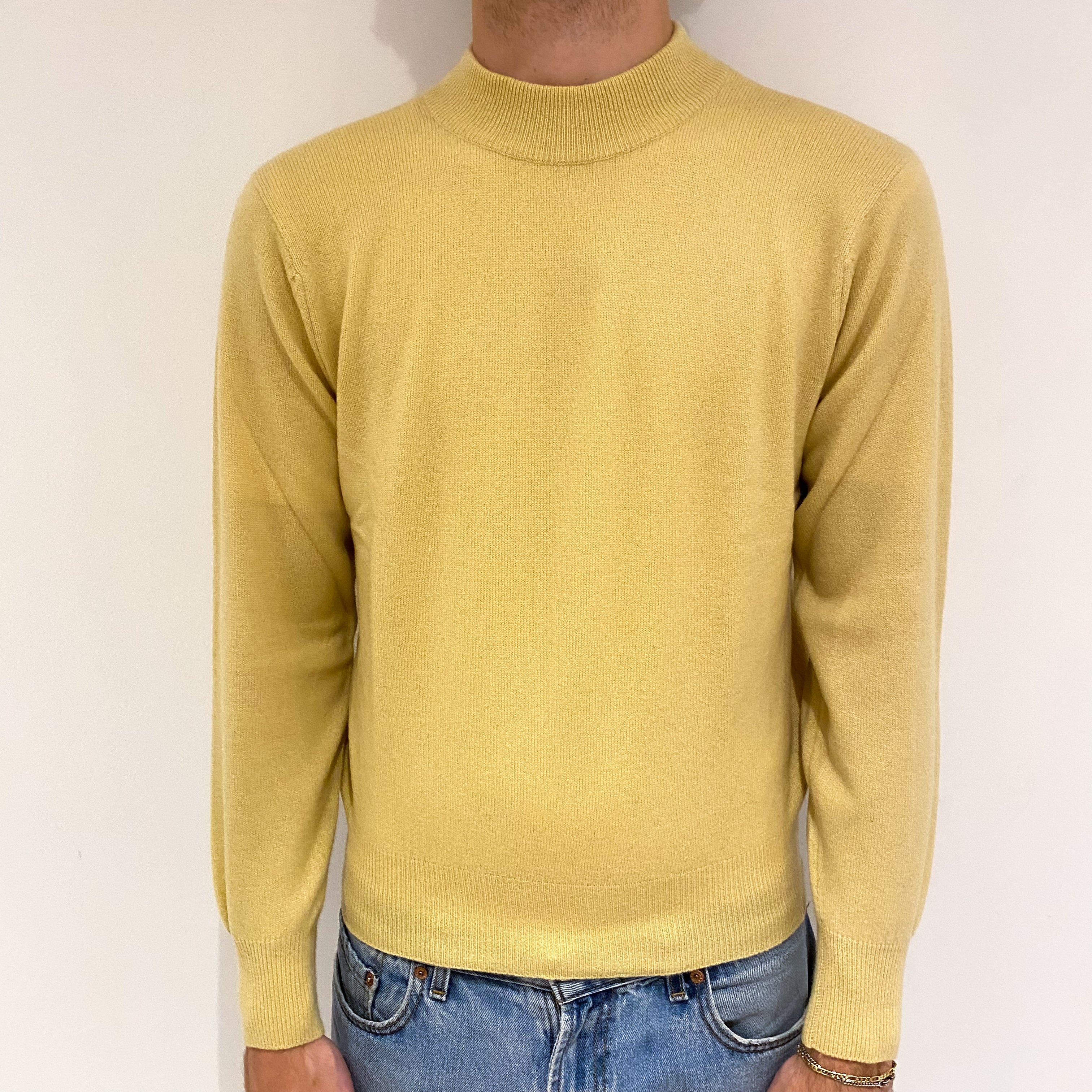 Men's Custard Yellow Cashmere Turtle Neck Jumper Large