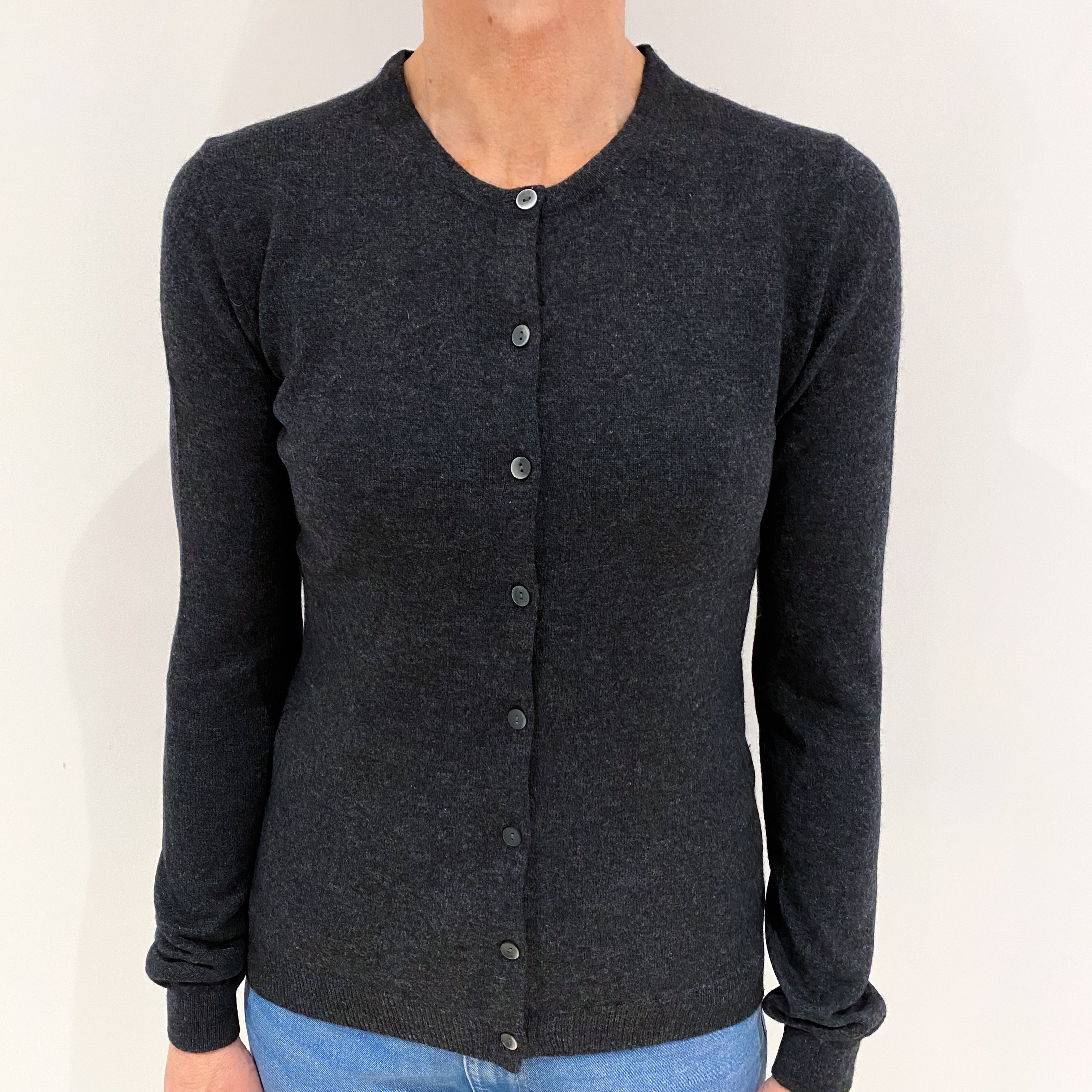 Charcoal Grey Cashmere Crew Neck Cardigan Small
