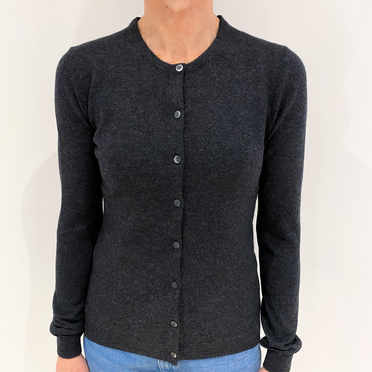 Charcoal Grey Cashmere Crew Neck Cardigan Small