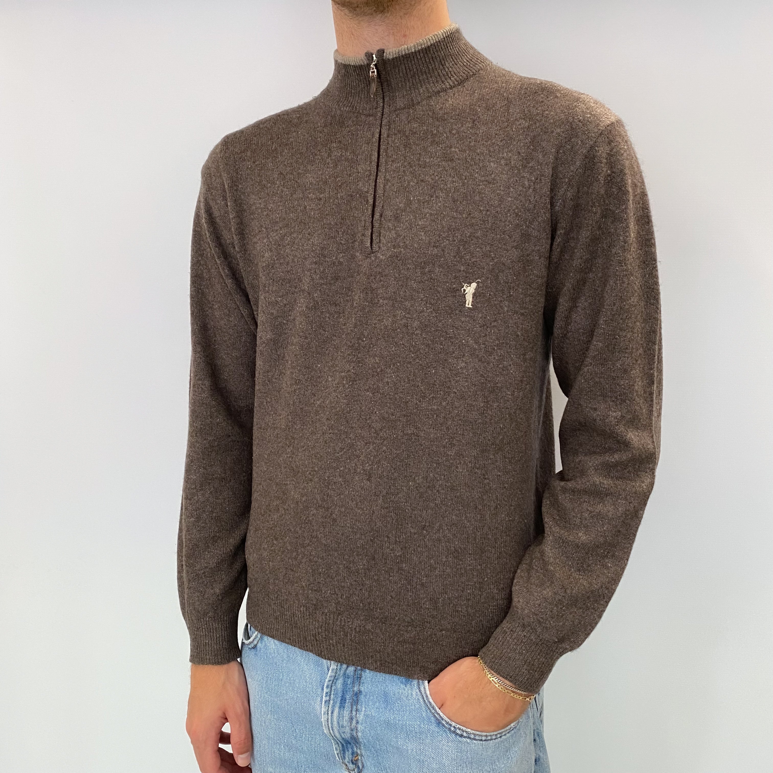 Men's Mole Brown Cashmere 1/4 Zip Neck Jumper Medium