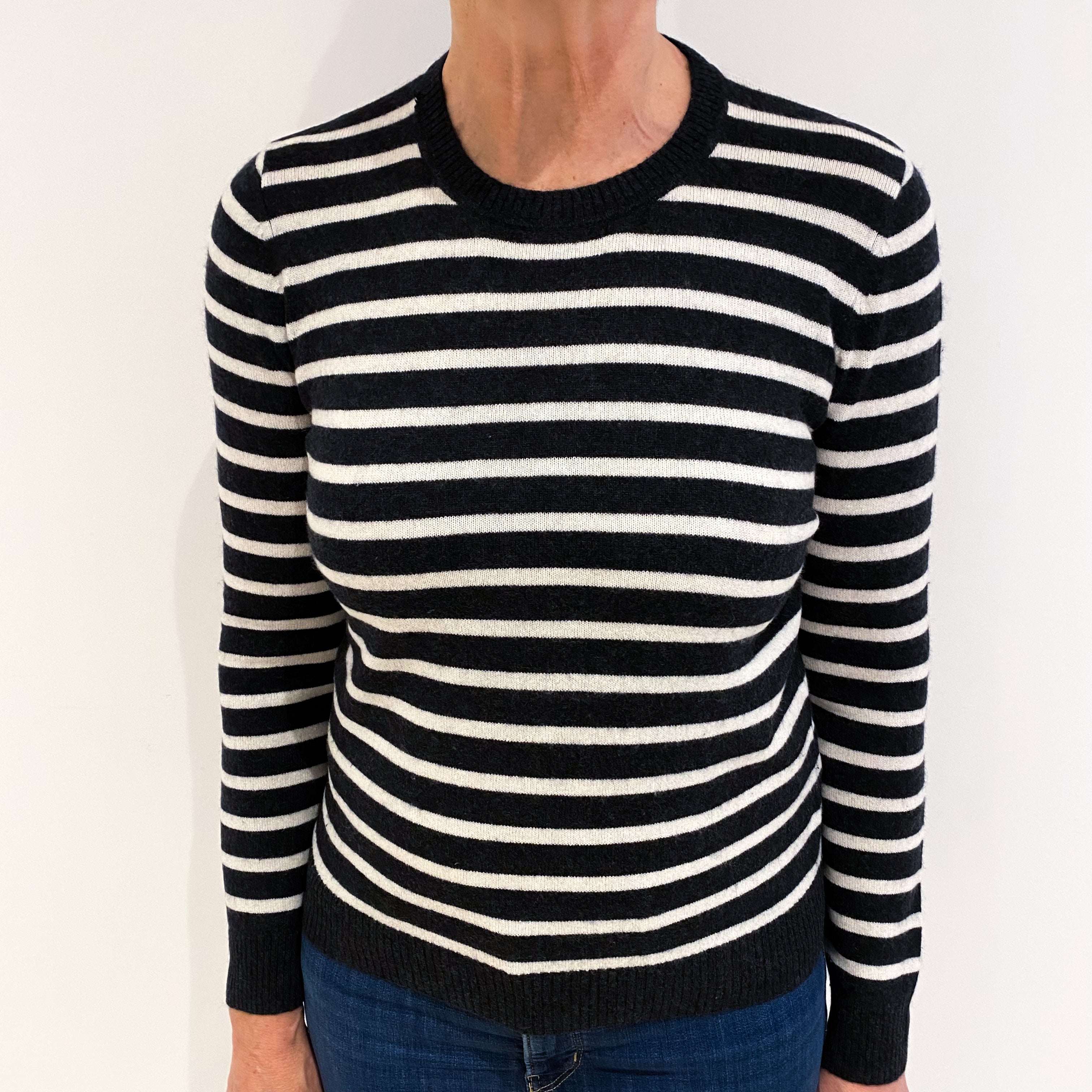 Charcoal and Winter White Stripe Cashmere Crew Neck Jumper Medium