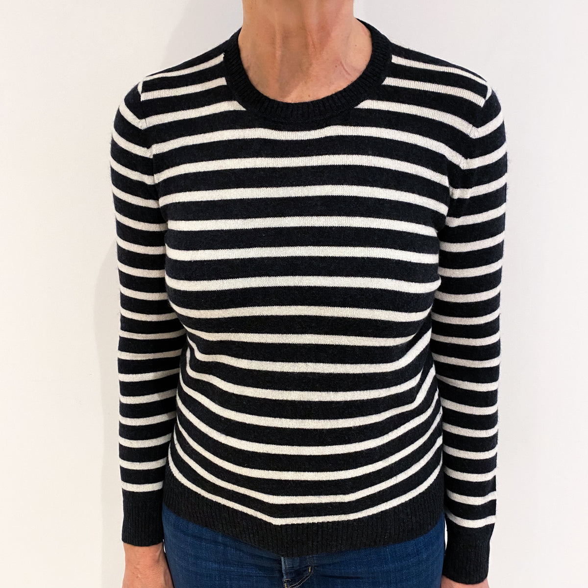 Charcoal and Winter White Stripe Cashmere Crew Neck Jumper Medium