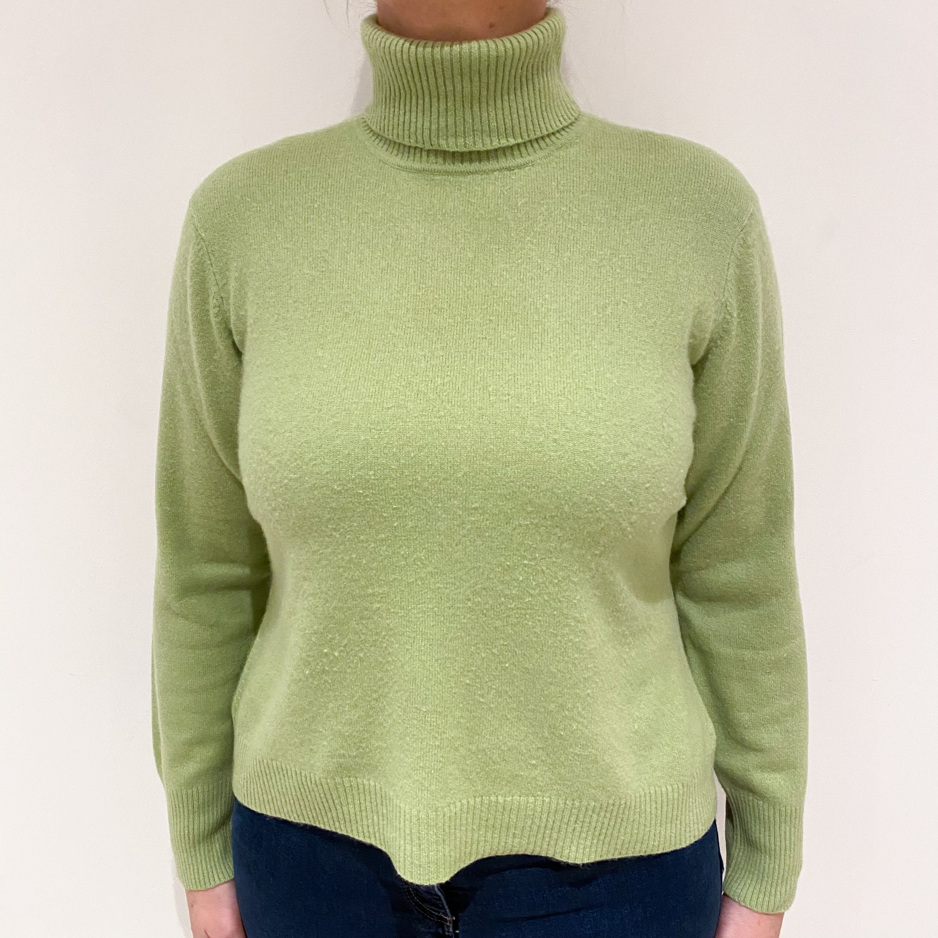 Pear Green Cashmere Polo Neck Jumper Large