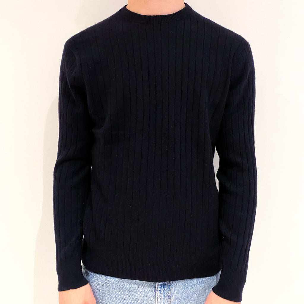 Men's Dark Navy Rib Cashmere Crew Neck Jumper Large